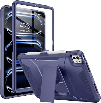 Soke Case for iPad Pro 11 Inch M5 2025/ M4 2024, with Built-in Screen Protector & Kickstand, Rugged Full Body Heavy Duty Protective Cover with Pencil Holder - Dark Blue