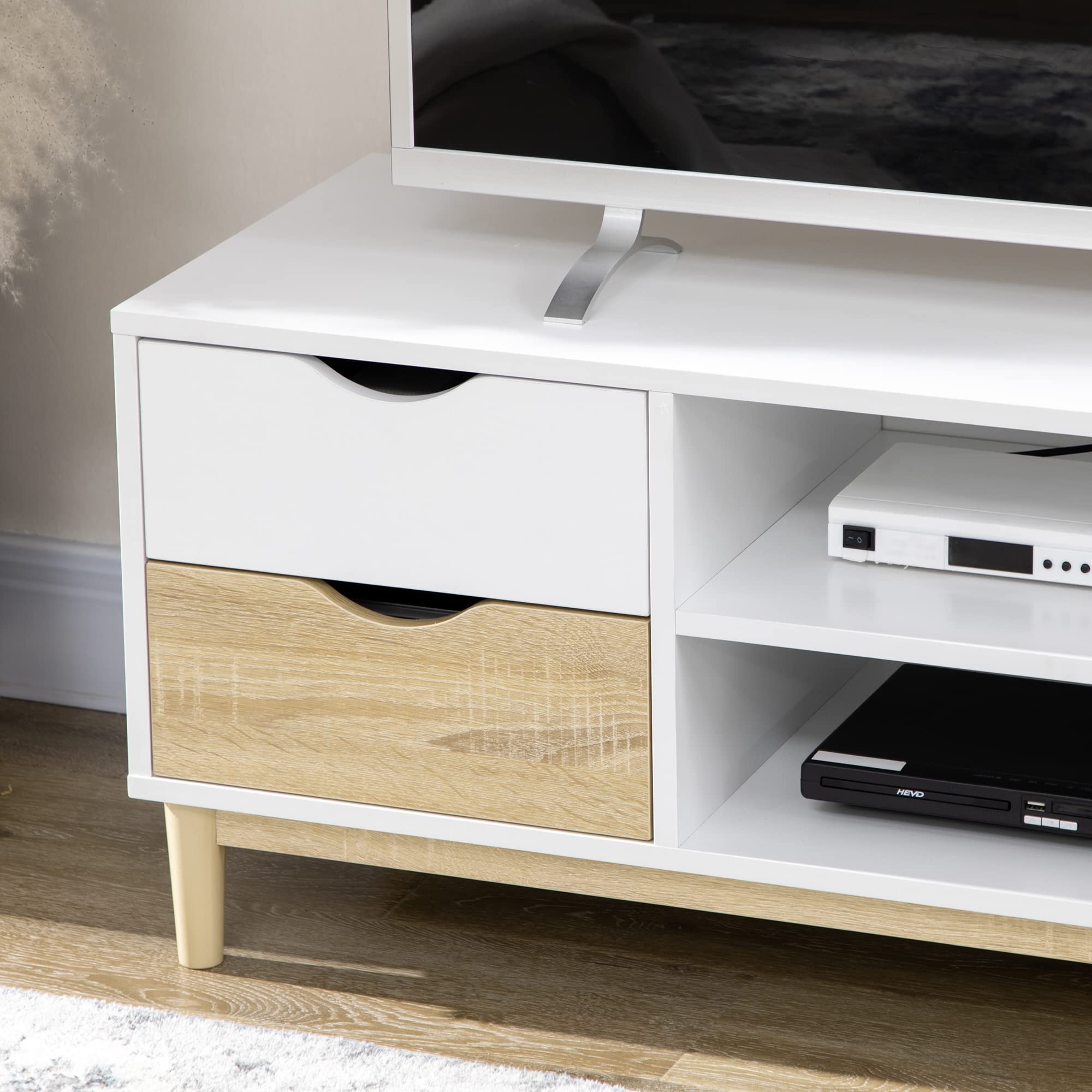 HOMCOM Mueble TV de Salón 4 Cajones 120x40x44,5 cm Blanco y Roble | Mesa para TV, para Televisores de hasta 55", con Estantes de Almacenamiento, para Dormitorio