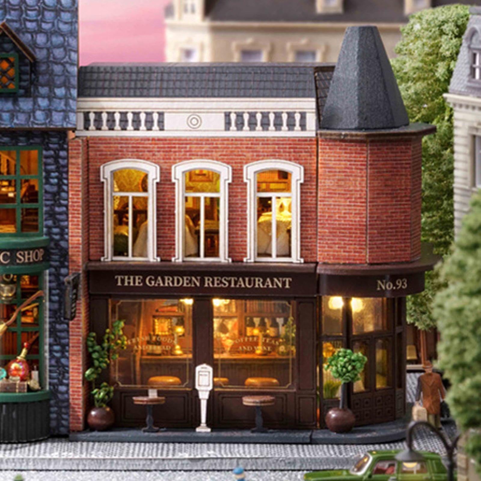 Casa in Miniatura Bambola Legno Kit Fai da Te con Mobilia E Illuminazione Adatto per Regali Collezione Decorazione Interna, Ristorante
