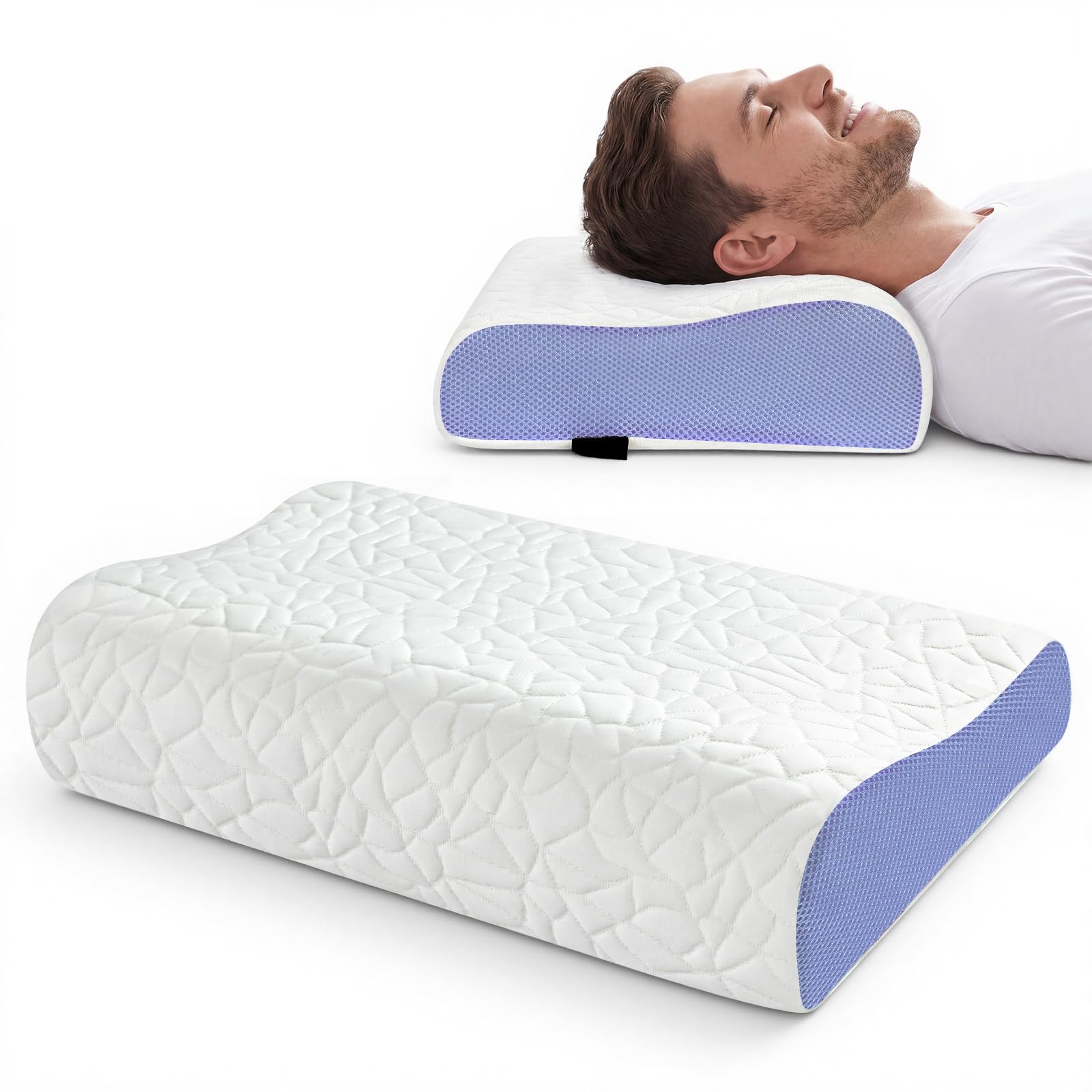 PKBD Cuscino di Memoria di Forma, Cuscino Cervicale per Dolore di Collo e Spalle, 2 Altezze Cuscino Cervicale per Dorsale, Laterale e Addominale, Bianco-Viola