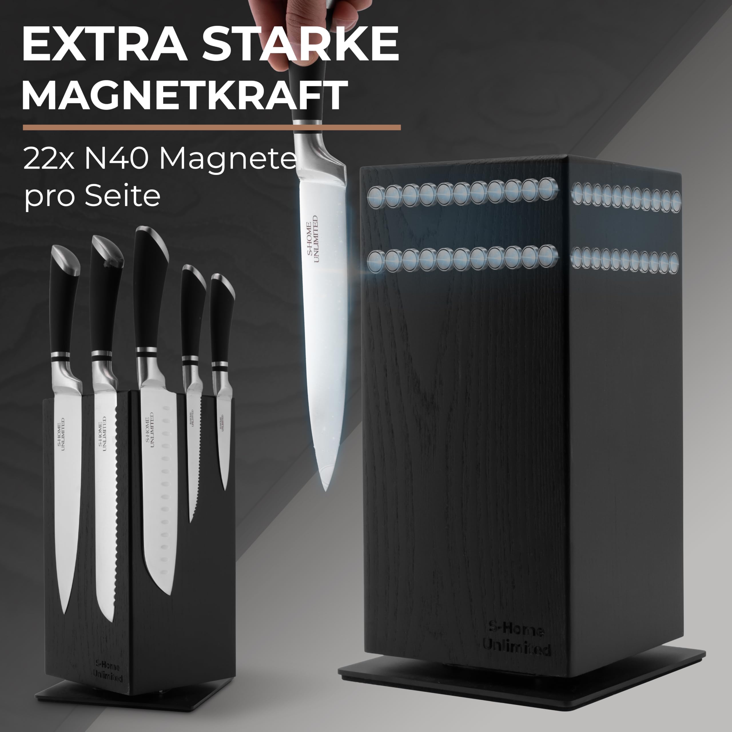 Magnetischer Messerblock ohne Messer | 360° drehbar | Massiver Holzblock in Schwarz mit sichtbarer Maserung | Sicherer Stand dank schwerem Metallfuß