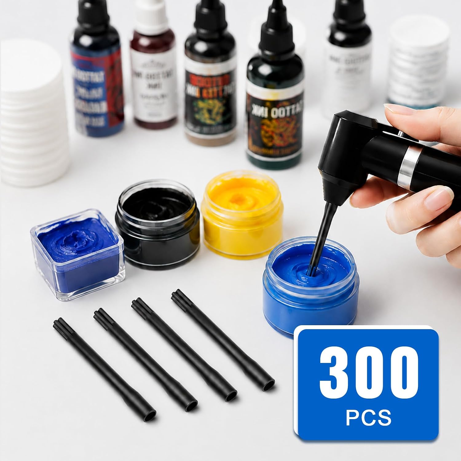 300 Pcs Tattoo Stir Sticks,Universal Disposable 3.4cm Splash-Free Ink Mixer Sticks for Tattoo, Watercolor & Cosmetic Pigment, Lightweight Plastic Rotary Machine Supplies (Black)