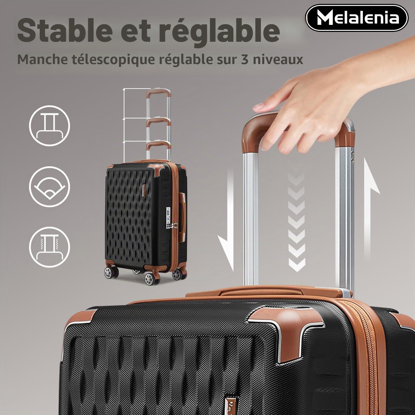 Melalenia Set de Valises, 7 Pièces Ensemble Bagages Rigide(25/47/53/64/73cm), Roues Pivotantes à 360° Serrure TSA et Léger Durables Comprend Trousse de Toilette et Sac de Voyage