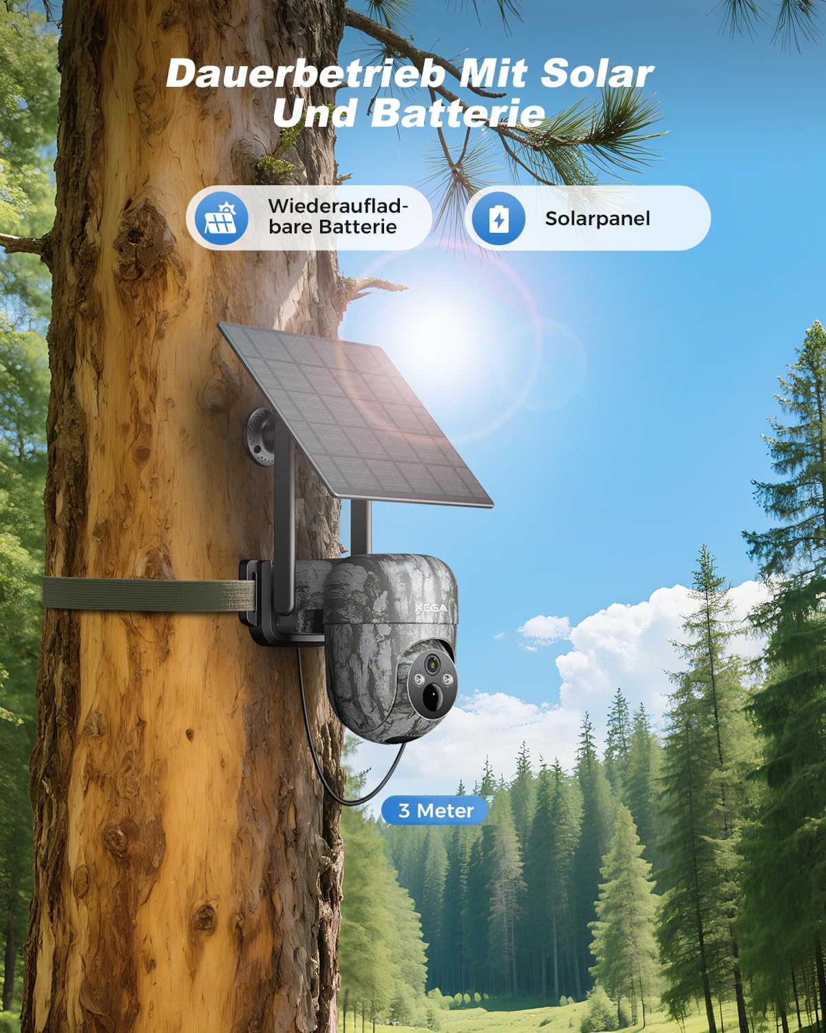 Xega 4G LTE Wildkamera Solar Akku mit SIM Karte,Überwachungskamera mit Live App Farb-Nachtsicht, 2K HD Kabellos Außen PTZ Kamera Outdoor,355°/90° Schwenkbar Erkennung 2-Wege-Audio (Ohne WLAN)