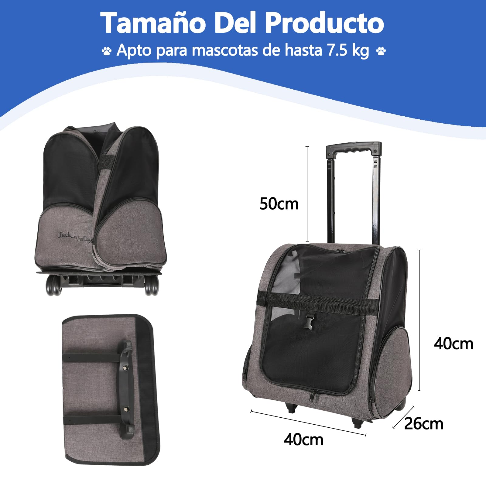 Galatée Bolsa De Viaje con Ruedas para Mascotas, Fabricada En Tela Oxford Transpirable, No Requiere Instalación, Es Plegable y Fácil De Guardar, Apta Tanto para Perros como para Gatos (Gris)
