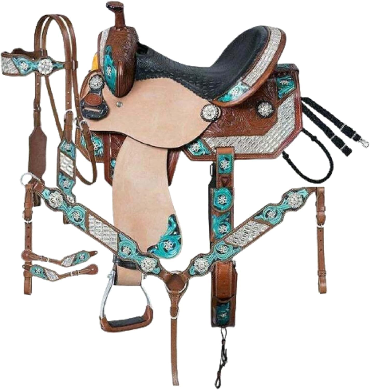 Set di sella per cavalli in pelle di alta qualità, set da equitazione, colore turchese, da 25,4 cm a 45,7 cm