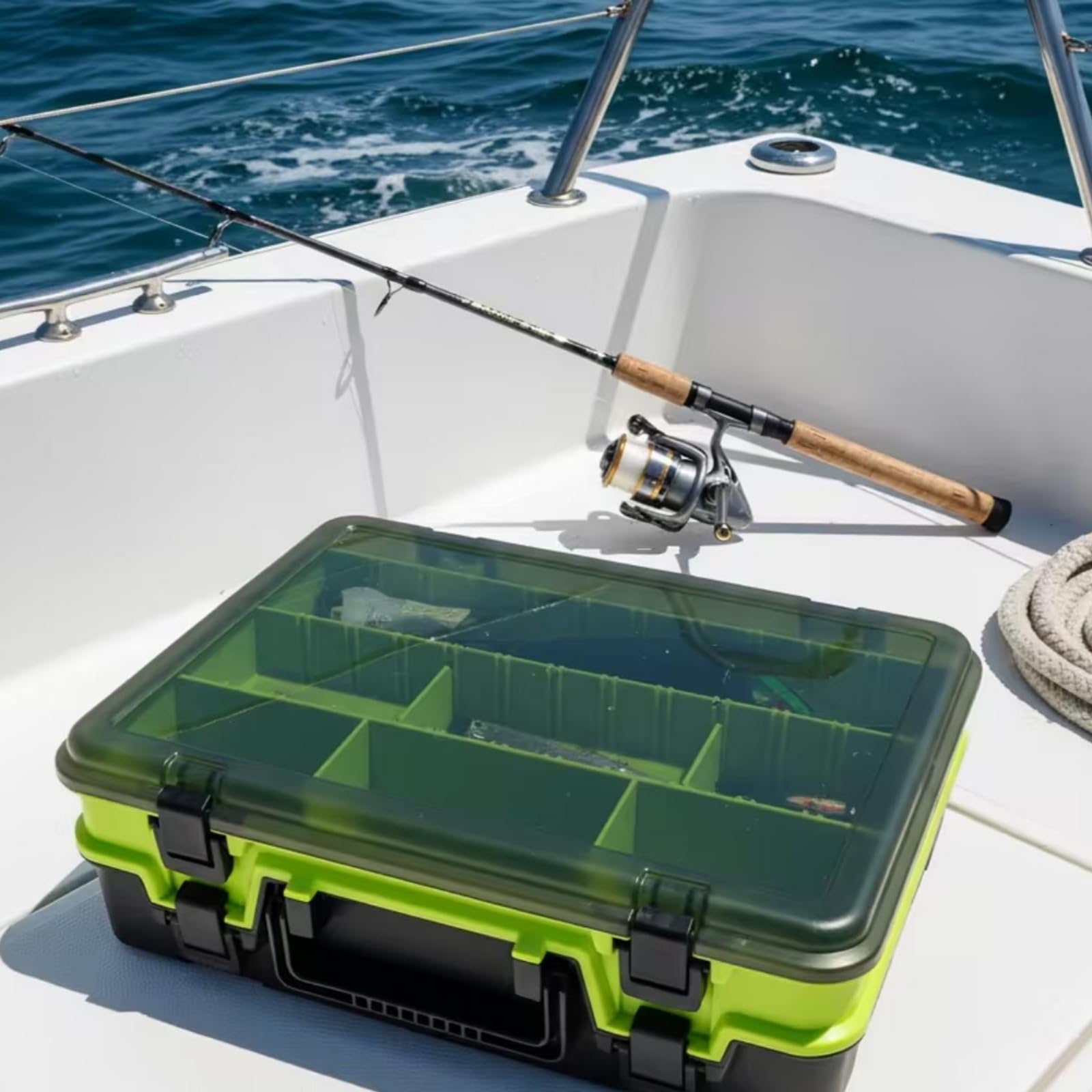 Amagogo Estuche Pesca Resistente con Tapa Transparente y Dos Niveles para Guardar Señuelos Anzuelos y Pesca con Cierre y Asa Acuada para Organizar Utensilios Pesca en Viajes, Negro