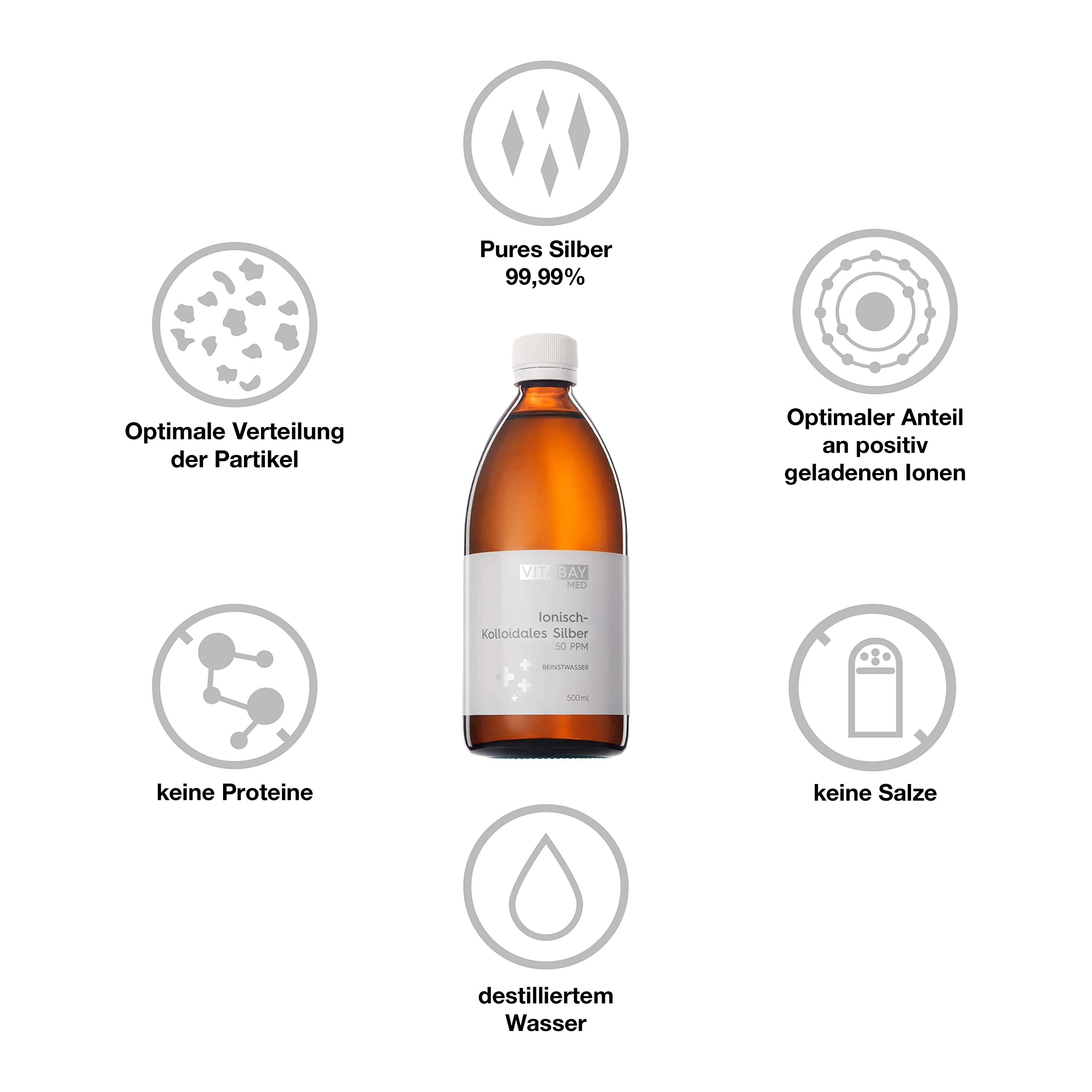 Vitabay Argento Colloidale 50 PPM 500 ml Argento puro 99,99% ionico-colloidale flacone vetro scuro