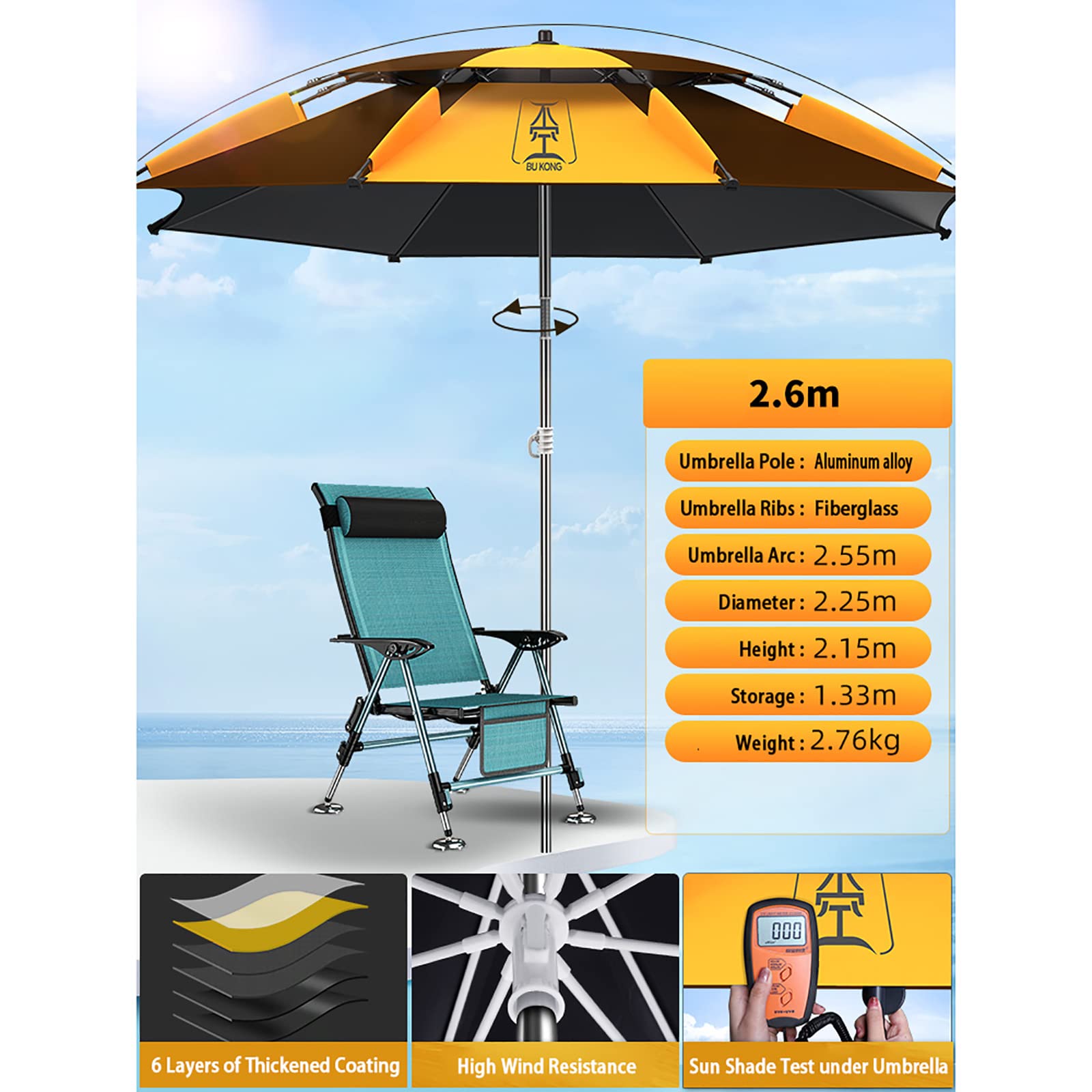 Sombrilla de pesca grande con protección solar, color naranja, impermeable y resistente al viento, con horquilla ajustable y bolsa de transporte para playa, camping y jardín.