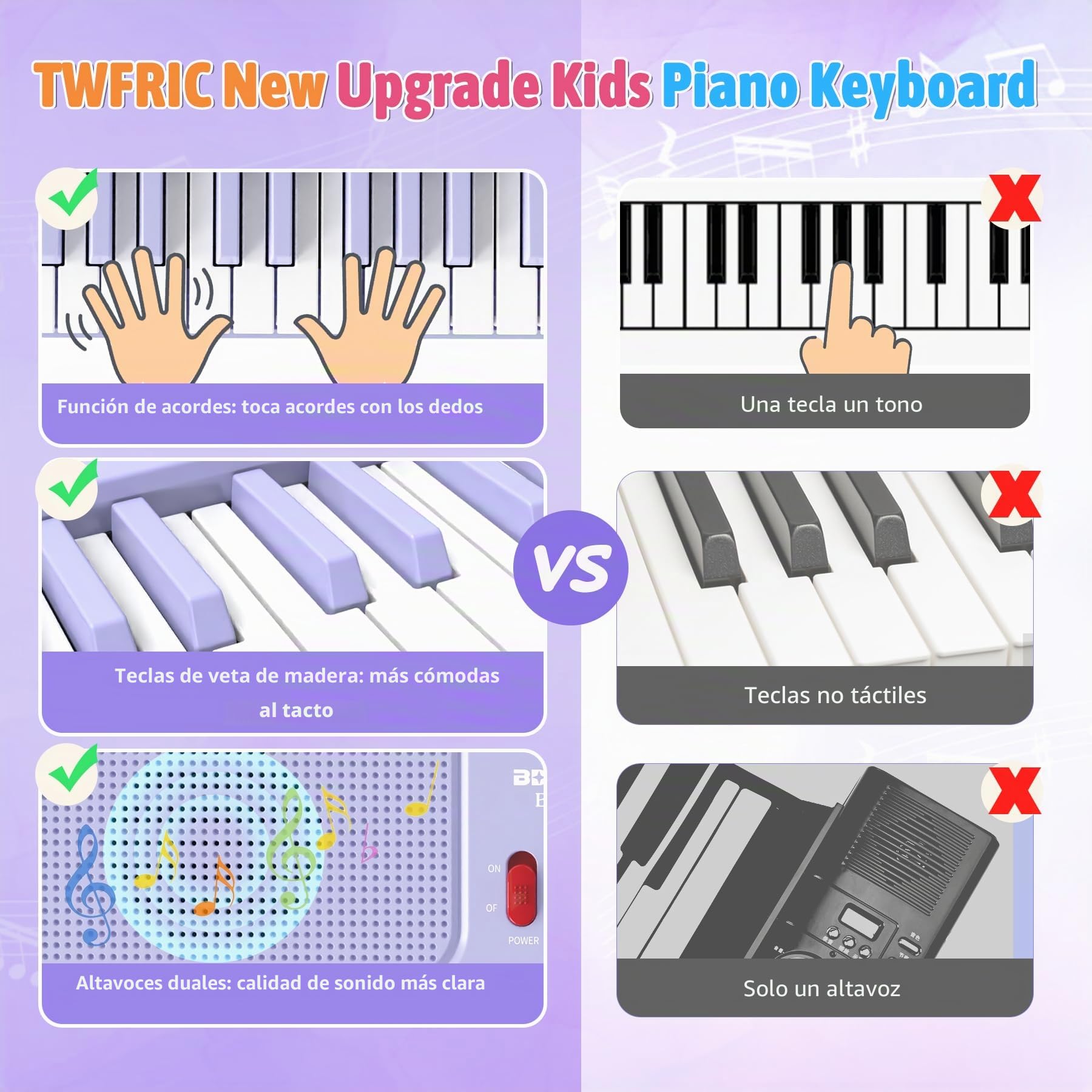 Piano digital electrónico para niños con teclas iluminadas, portátil, de 61 teclas, juguete musical educativo para principiantes con atril y micrófono. (Púrpura)