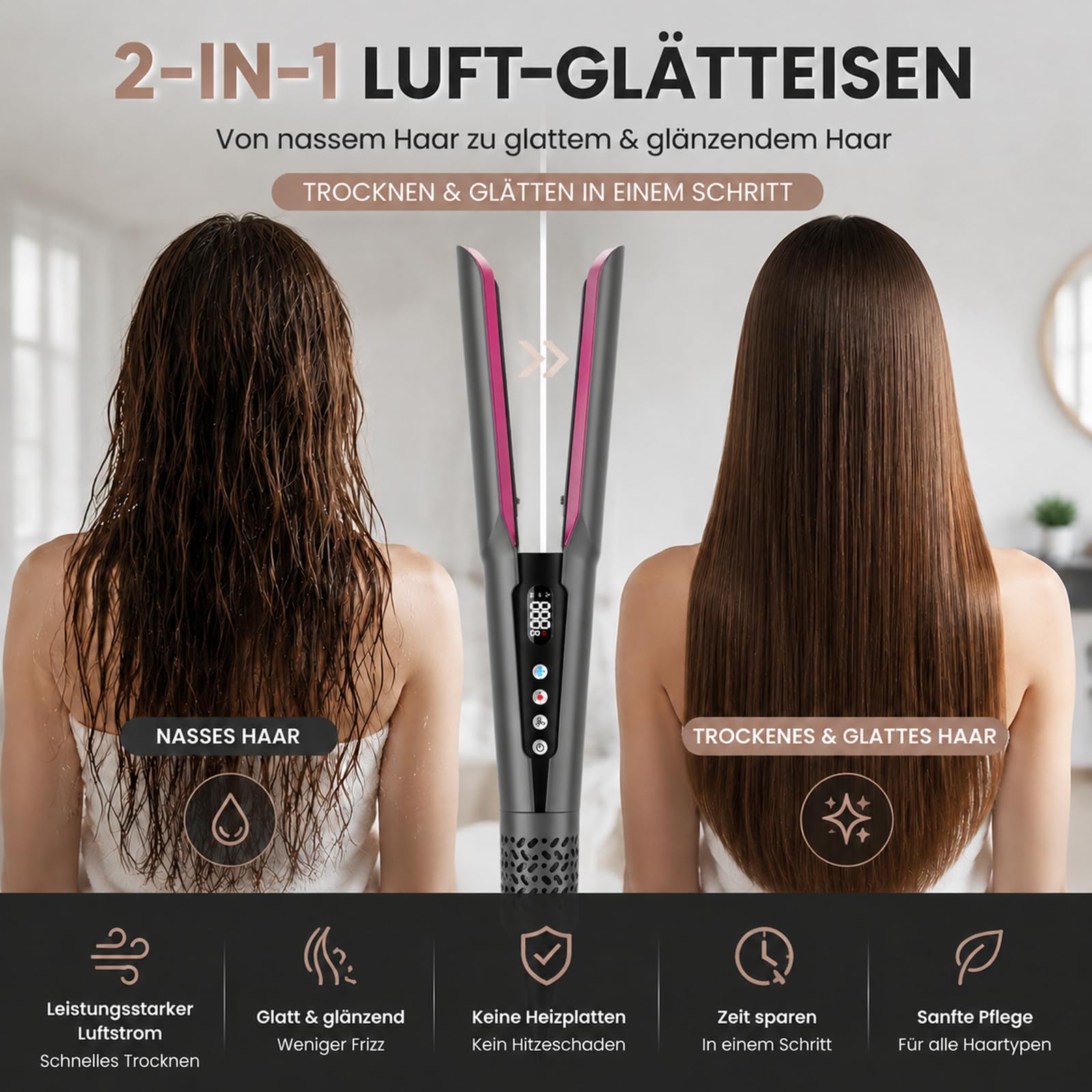 slopehill Air Haarglätter,1600W Ionen Glätteisen für Nass & Trocken Haar | OHNE Heizplatten, Ohne Hitzeschäden, Stärkerer Luftstrom für besseren Glätteffekt, Leichter & Leiser, 90-160°