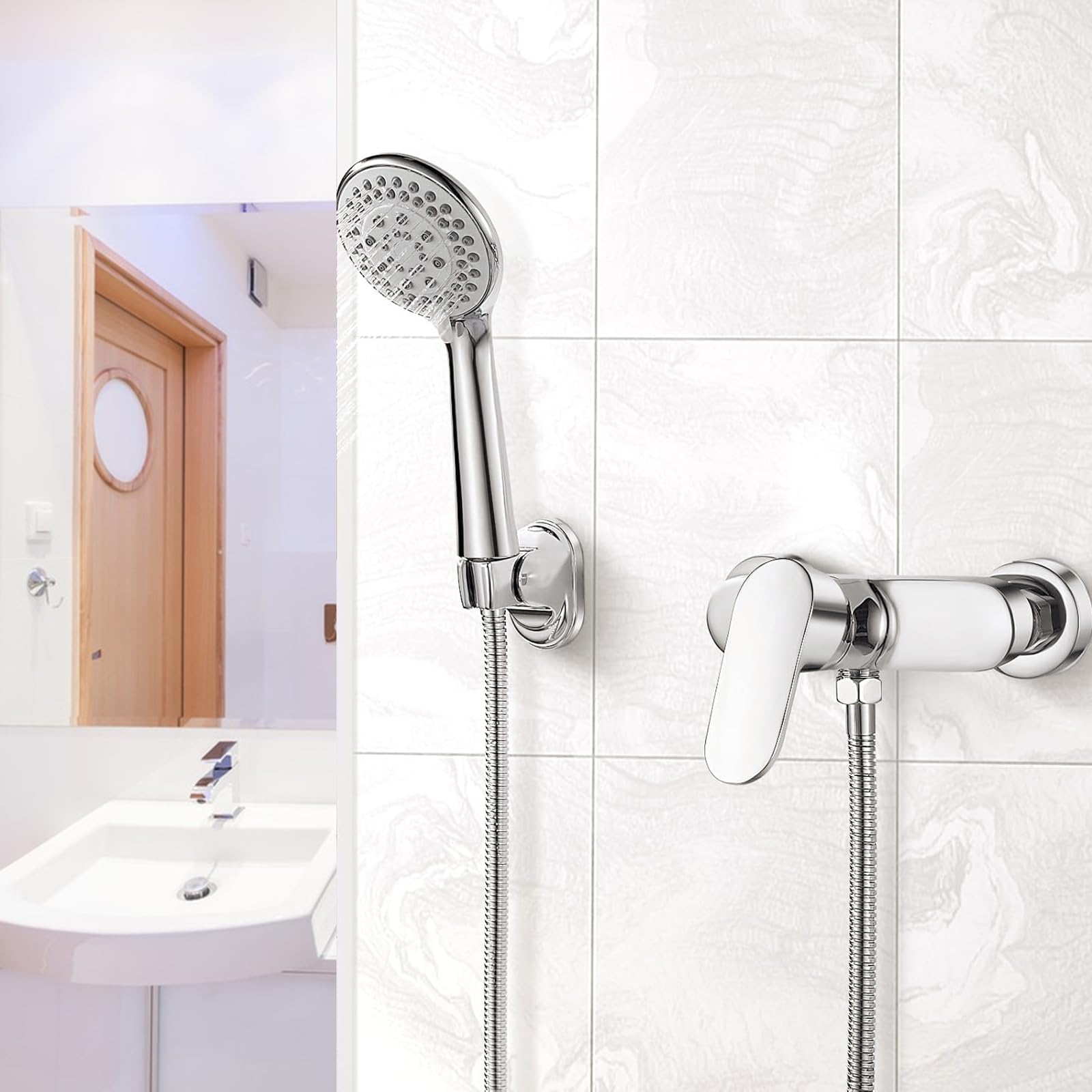 Grifo de ducha, mezclador plateado, para ducha, montaje en pared, con salida de ducha G1/2