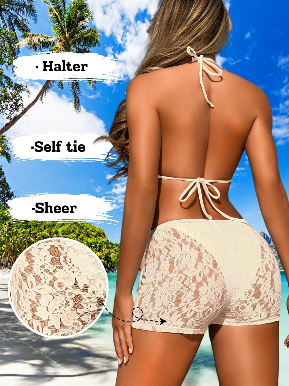 Women's Halter Triangle String Bikini Sets, Floral Lace Cheeky 3 Piece Swimsuit with Shorts, Beach Pool Party