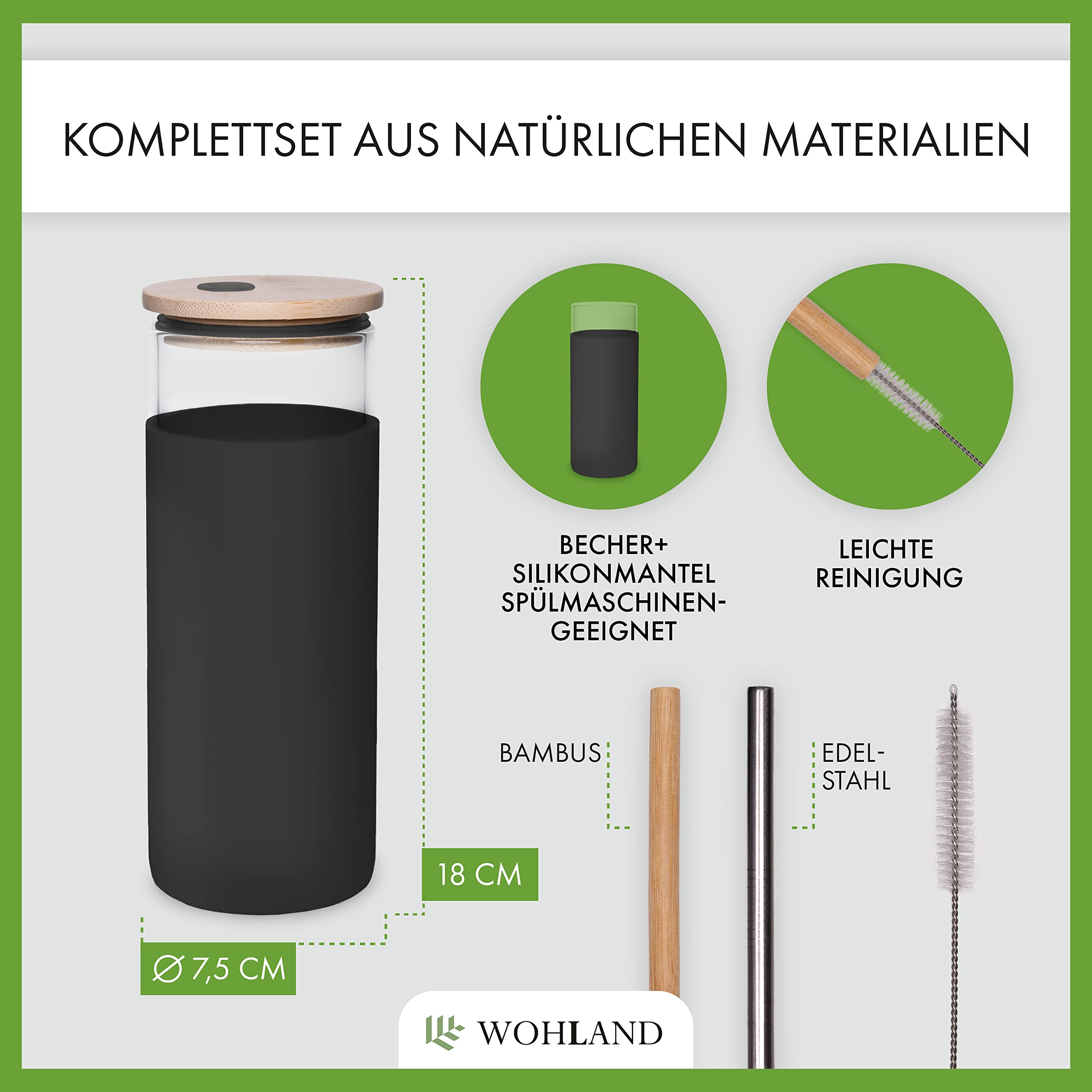 Wohland Glasbecher Tam/Trinkbecher mit Strohhalm aus Bambus und Edelstahl  inkl. Reinigungsbrste/Becher fr Wasser, Eistee, Smoothie, Cocktail,  Kaffee, Getrnkehalter Auto / 450ml (schwarz) : Amazon.de: Kche, Haushalt  & Wohnen