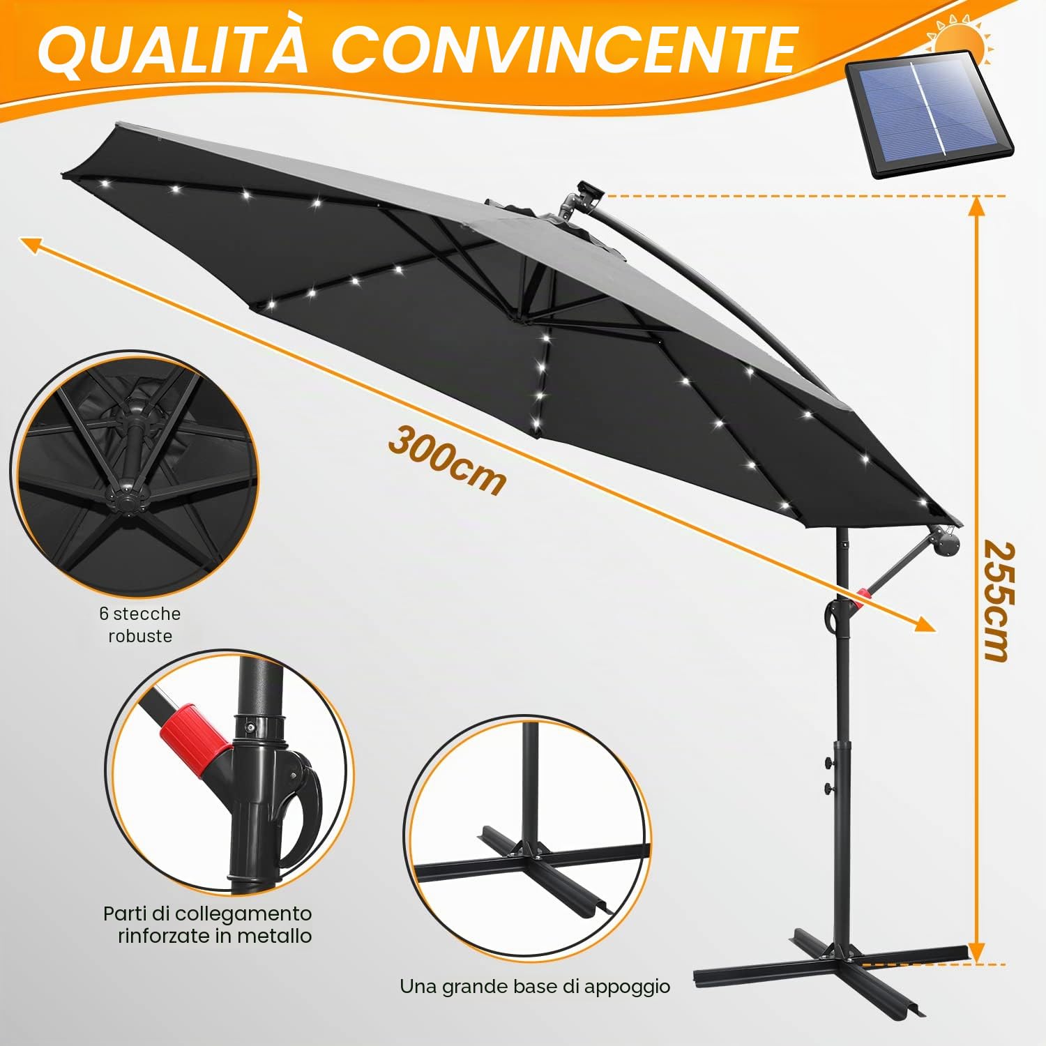 Ombrellone parasole a LED in alluminio Ø300/350cm con manovella, ombrellone con supporto, protezione solare dai raggi UV, in alluminio, per mercato, impermeabile