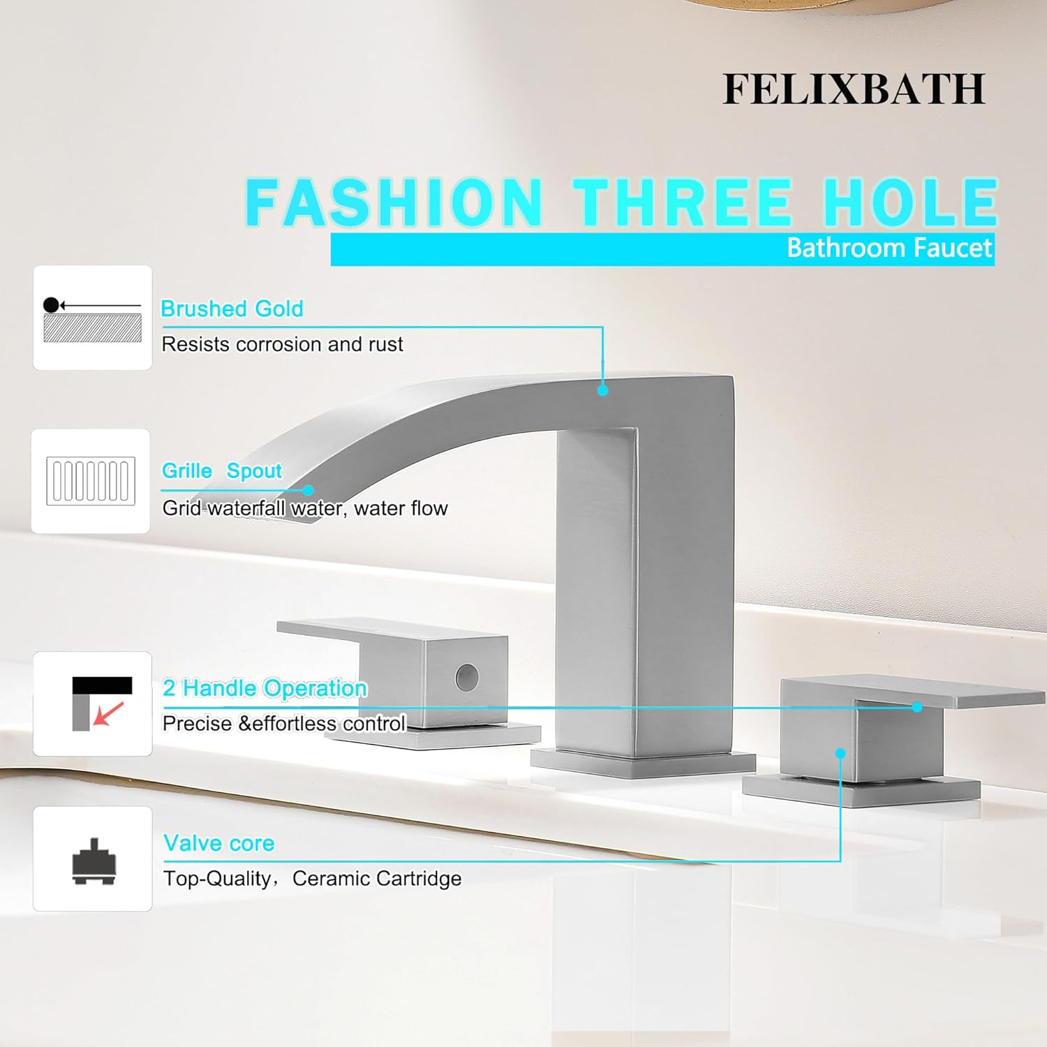 Waterfall Bathroom Faucets Brushed Nickel, 3 Hole Bathroom Sink Faucet, 8 inch Widespread Bathroom Sink Faucet with Pop Up Drain, 2 Handles Modern Vanity Faucet with Supply Lines
