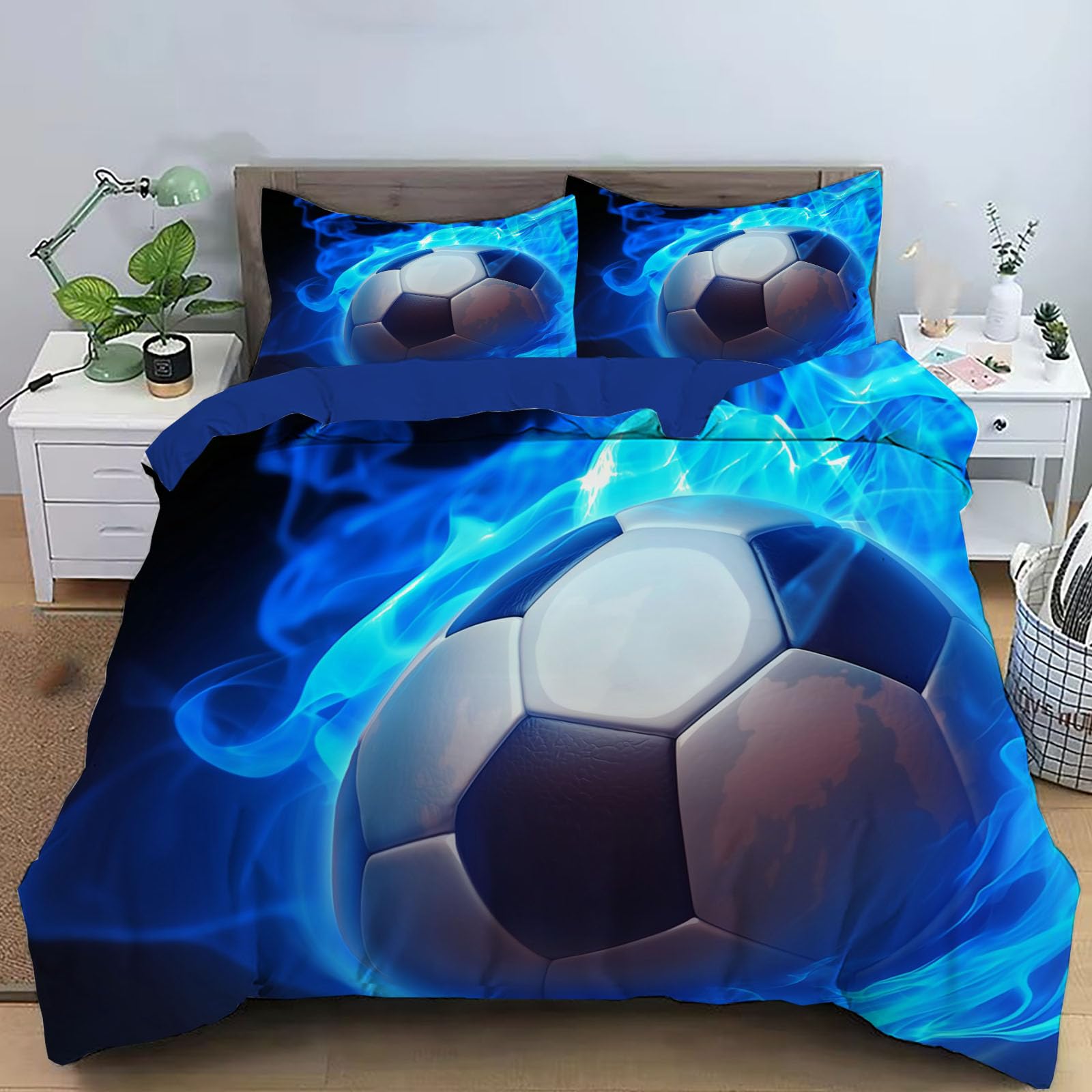 Housse de couette respirante et douce motif flamme football pour lit simple 140x200