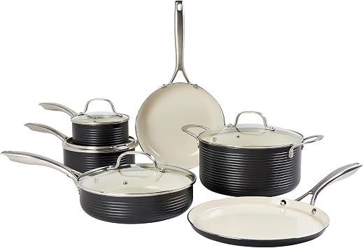 Denmark Tools for Cooks 10 Piece Monaco Nonstick Aluminum Cookware Set Pots Pans, Black