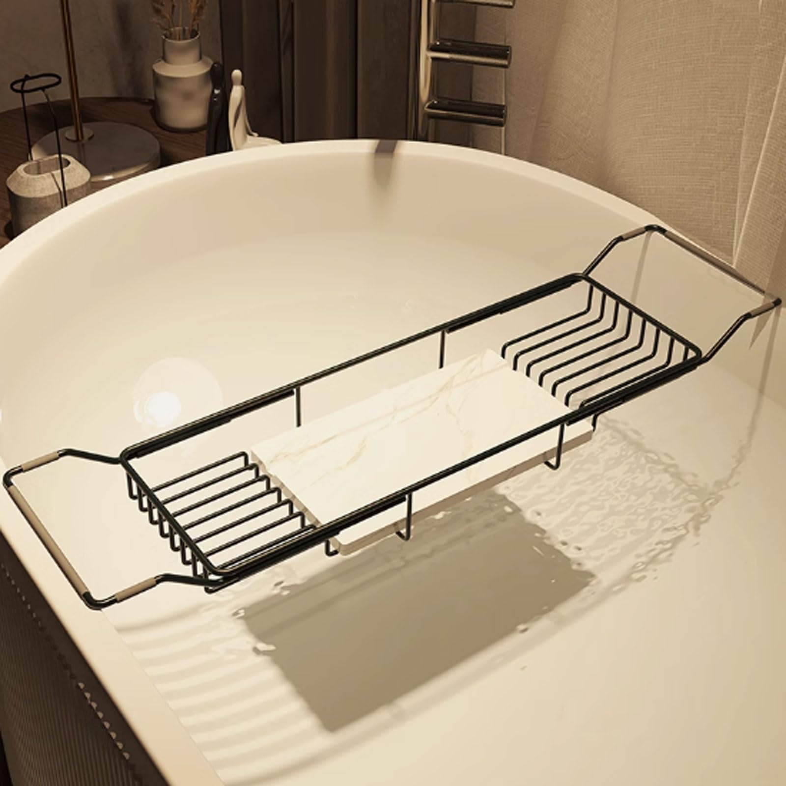 JKJZSALJ Adjustable Bathtub Caddy Tray - Expandable Shelf For Tablet Phone Wine Glass & Candles - Waterproof Stainless Steel Spa For Relaxation & Luxury-Gold C-69-90Cm,Black a-69