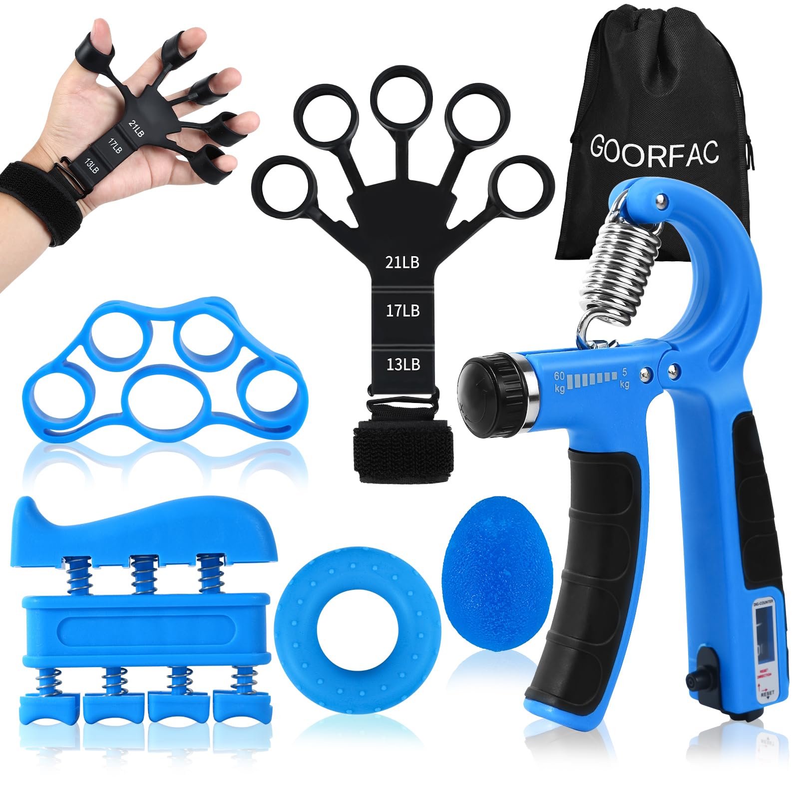 GOORFACHandtrainer Fingertrainer (6-teilig) Griffkraft Trainer Krafttraining Griffstärker Verstellbarer Unterarmtrainer Finger Trainer Hand Training Handgelenk Trainer Finger Trainingsgerät (blau)