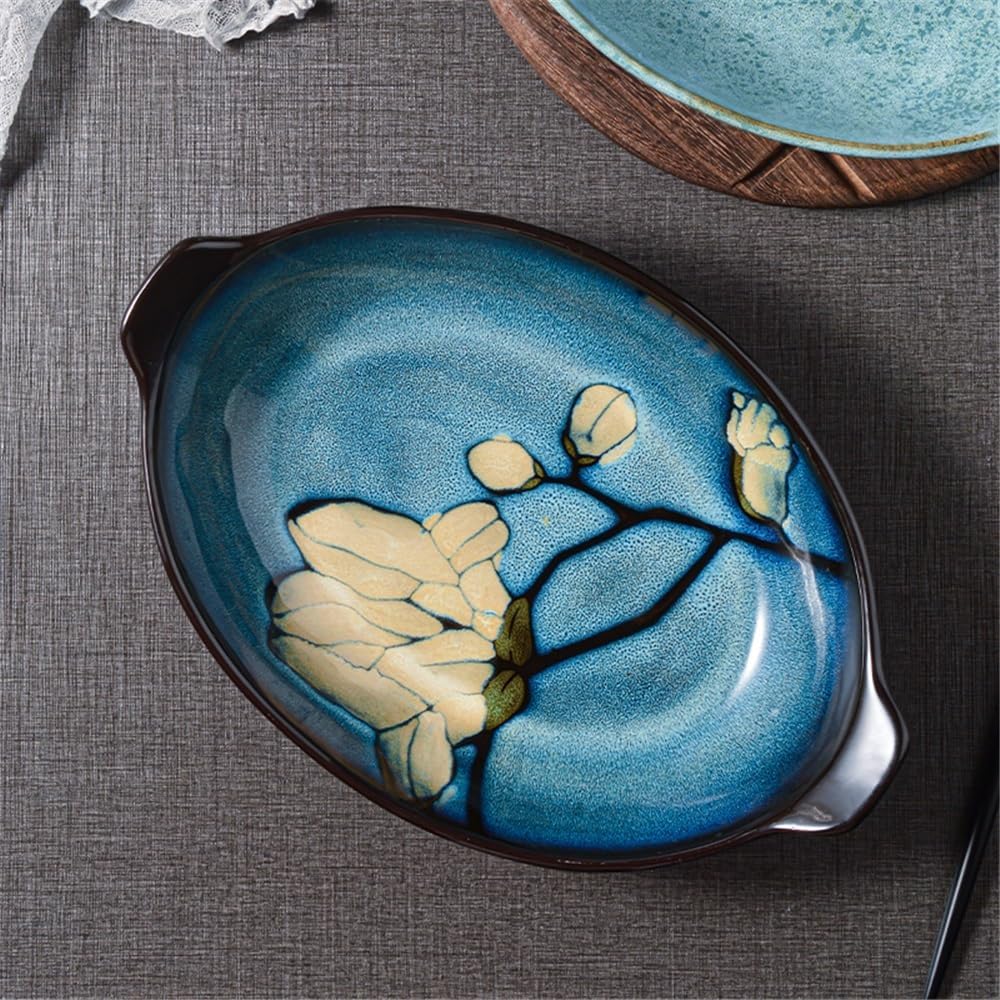 Lasagna Pans 5.5cm Deep Nordic Ceramic Double Ear Baking Tray for Home Use, Large Oval Shaped Household Kitchen Dish Lasagne Dish