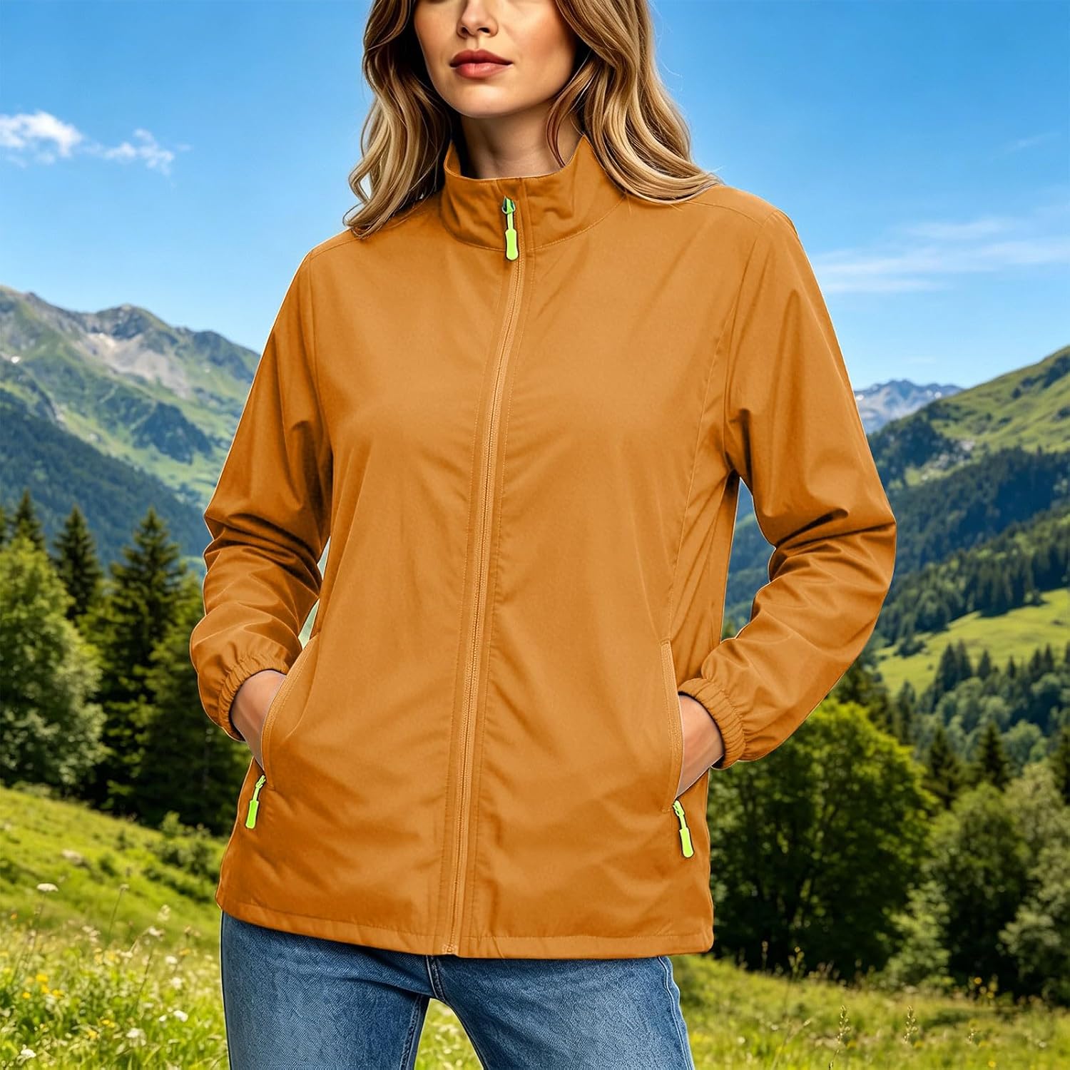 Windbreaker Jacket for Women Full Zip Lightweight Sport Coat | Women's Casual Waterproof Track Jacket with Stand Collar, Contrast Trim Cuff, Zip Pockets for Running Travel Fall Spring