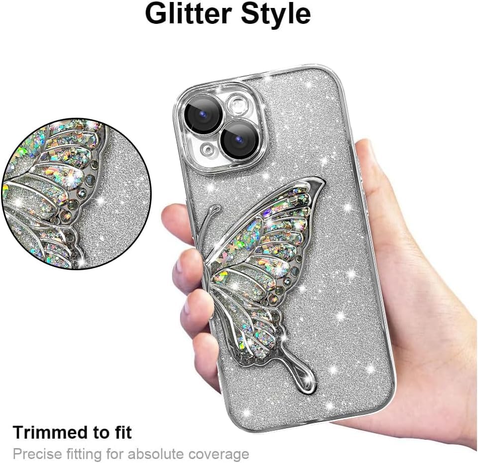 Image of SHINESTAR 3D Butterfly Case for iPhone 15 Cover, Cute Girly Glitter Bling Luxury Back Cover for Women Girls Protective Shockproof Slim Camera Protection (or iPhone 15 - Silver