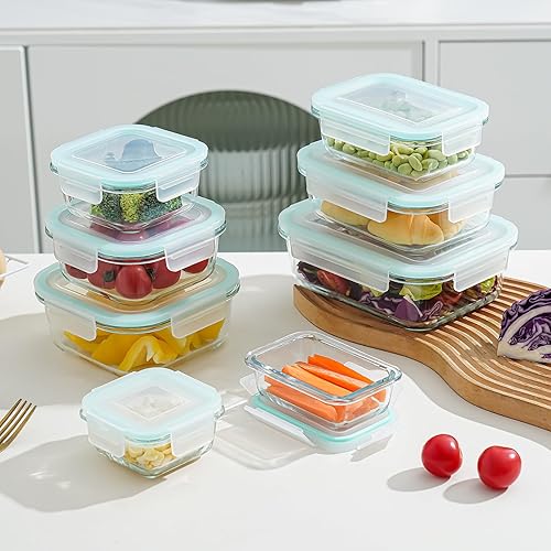 Miniatura 6 de Recipiente de almacenamiento de alimentos de vidrio de 8 piezas, recipiente de vidrio para preparación de comidas previas, con tapa de sellado,