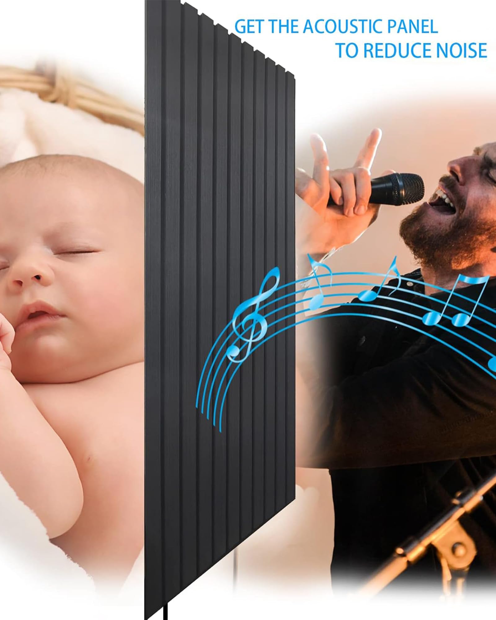 Soundproof Acoustic Panels for Interior Wall Decor, 3D Accent Wood Fluted Slat Decorative Textured Panel for Ceiling and Wall, 43×16 Inches, Black, 2 Pieces