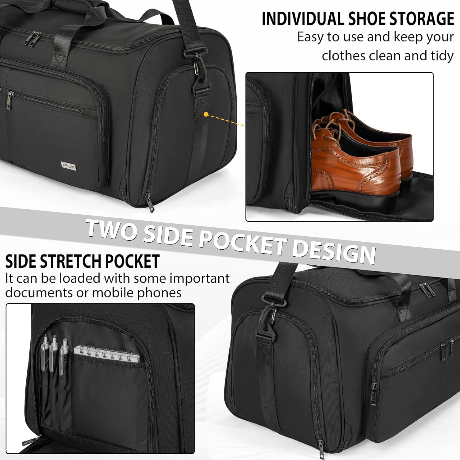 Borsa da viaggio pieghevole da appendere per viaggi d'affari, valigetta da ufficio con tracolla per uomo, nero, Nero , With Inner Pockets