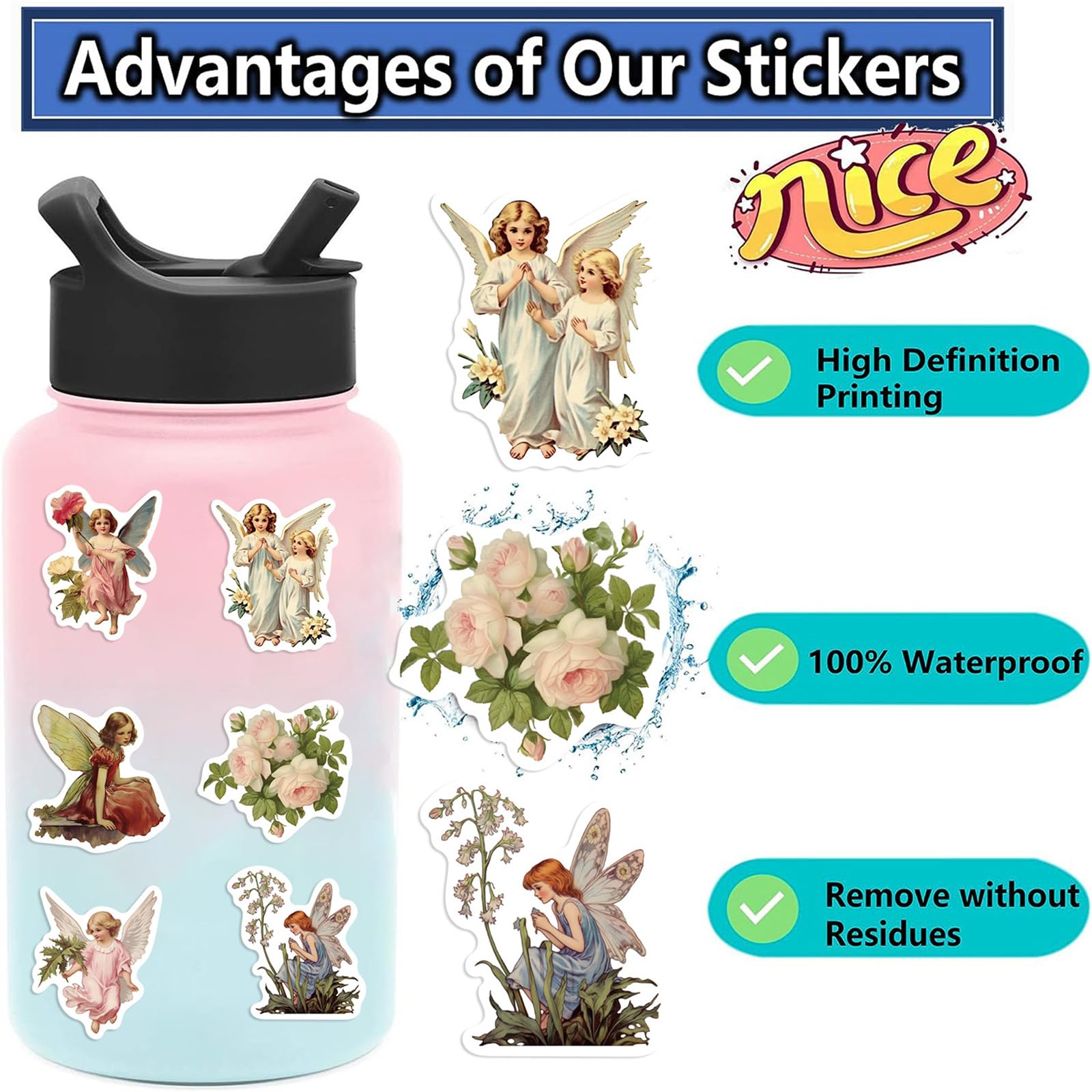 50 calcomanías de hada vintage retro estéticas de vinilo y PVC para botella de agua, hidrompeta, guitarra, equipaje, teléfono, funda, laptop, monopatín, regalo para adolescentes, niños y niñas (hadas)