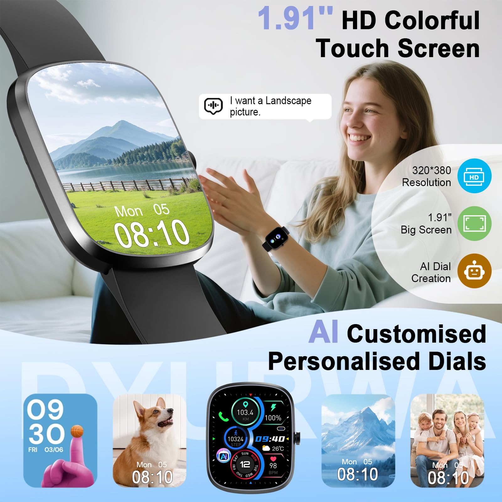 AI Smartwatch Uomo Donna, Smart Watch ChatGPT-AI Assistente Vocale AI, 1.91" Orologio Smartwatch Donna Chiamate Bluetooth, 24H Cardiofrequenzimetroi/Sonno/Contapass, 110+ Sportive, IP68 Impermeabil