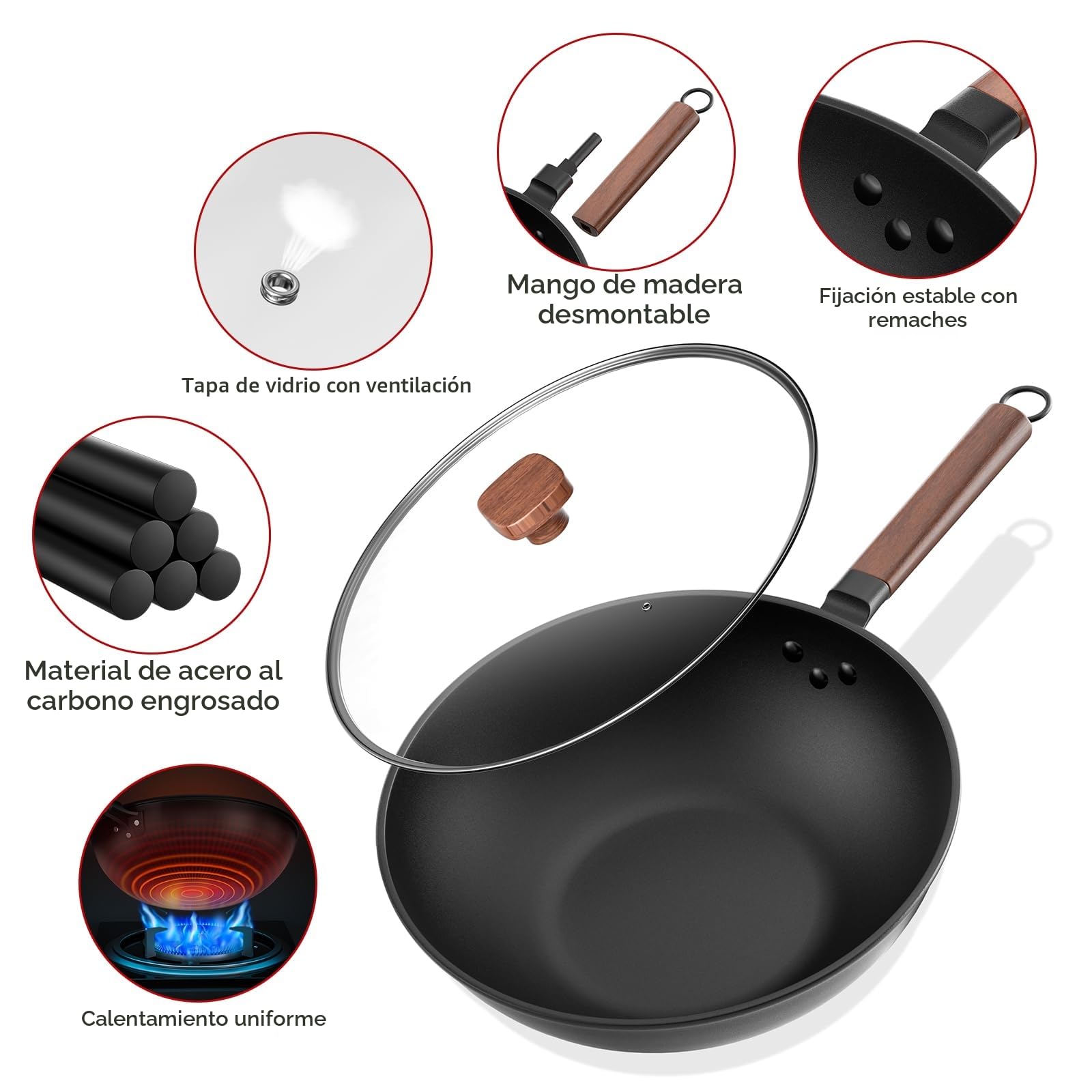 Jobin 33cm/5,6L Wok de Acero al Carbono Sartenes Antiadherentes con Tapa - Sin Recubrimiento Químico - Puede Cocinar Platos Asiáticos para 4-6 Personas - Apto Para Todas las Cocinas