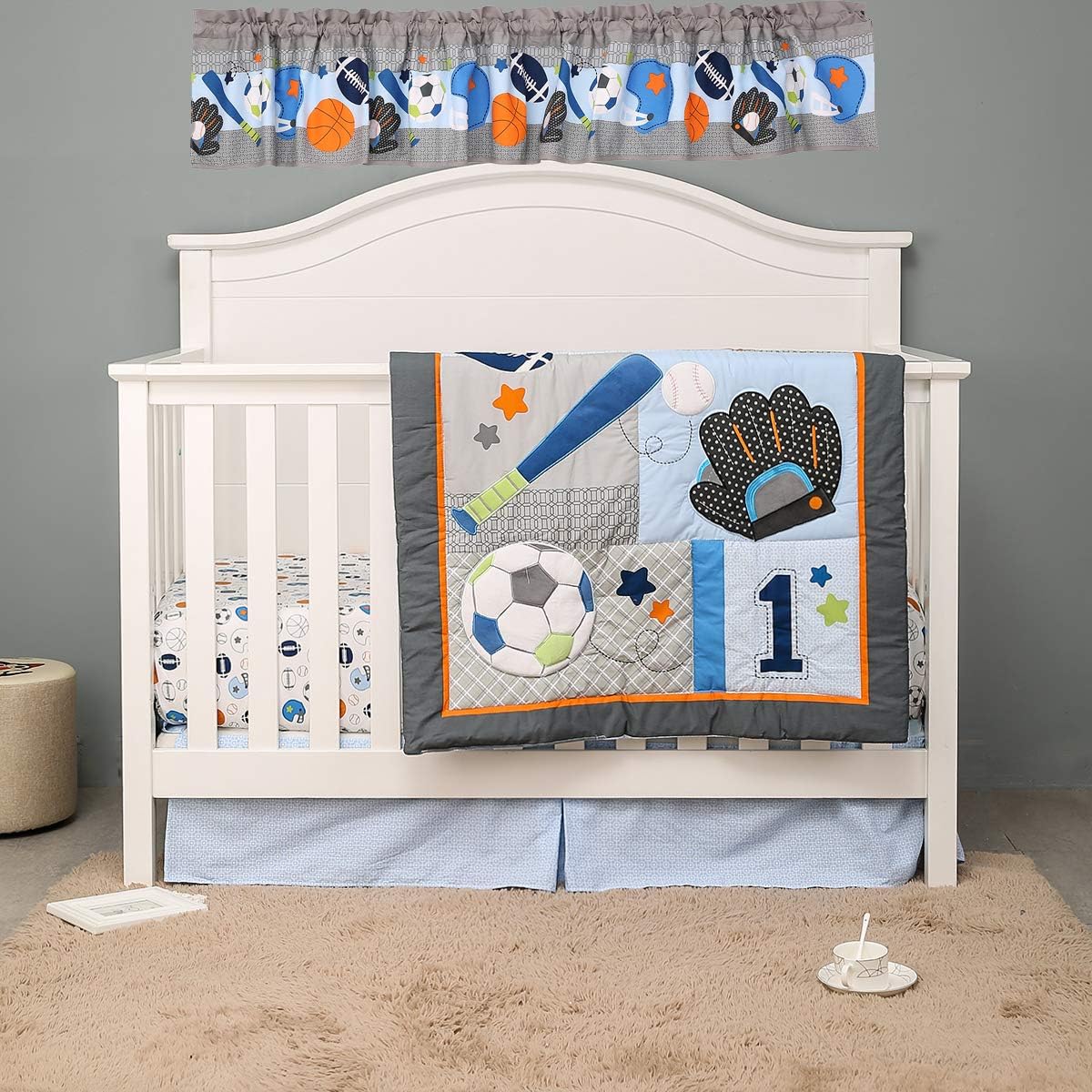 4 PCs Blue Sports Themed Nursery Crib Bedding Set Quilt, Fitted Sheet, Skirt, Window Valance Baby Boy Baseball Ruby Soccer Embroidery Cot Bedding Set