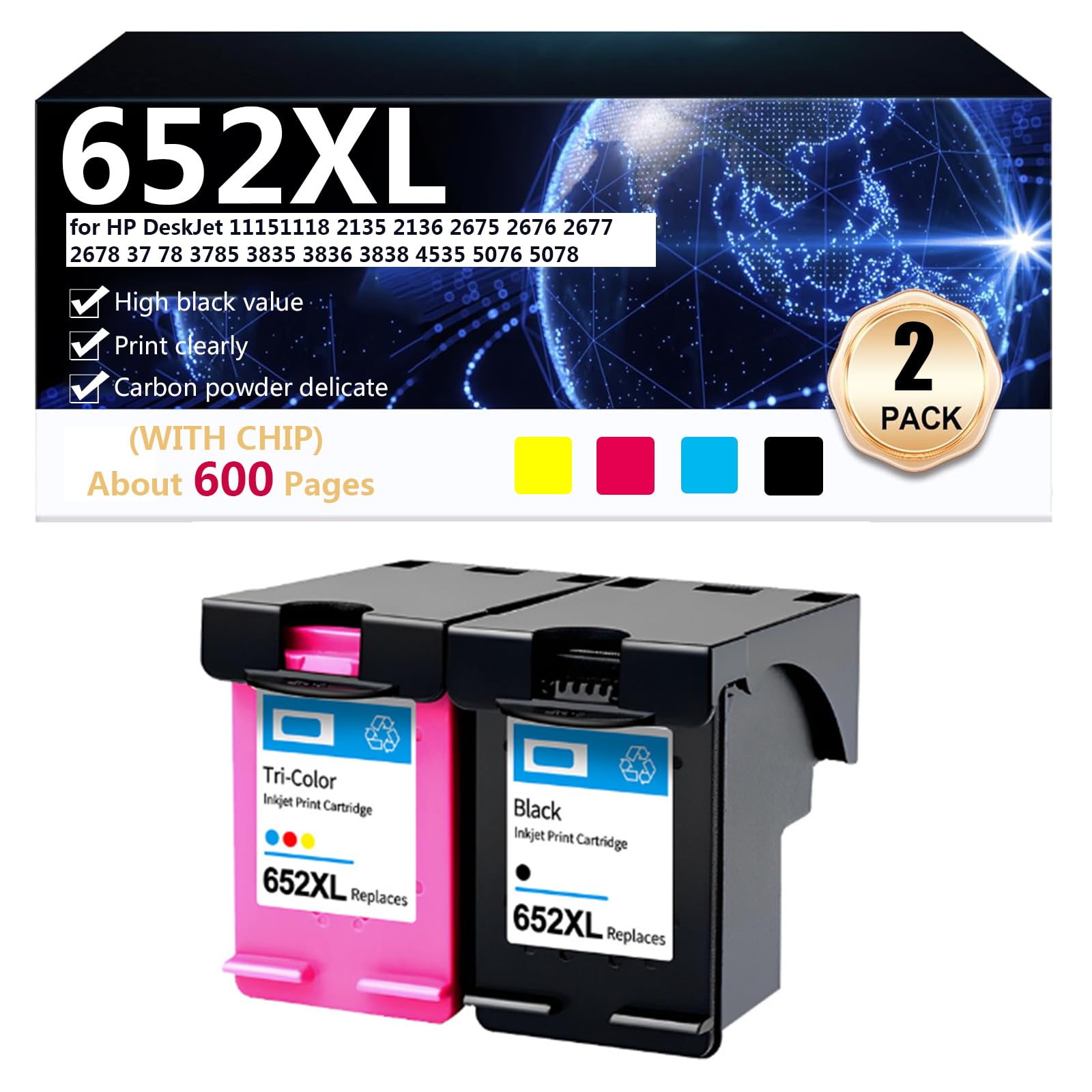 Cartucce D'inchiostro Compatibili per 652 652XL per HP DeskJet 1115 1118 2135 2136 2675 2676 2677 2678 37 78 3785 3835 Stampante Cartucce D'inchiostro ad alta Resa, Installazione Semplice,1 set