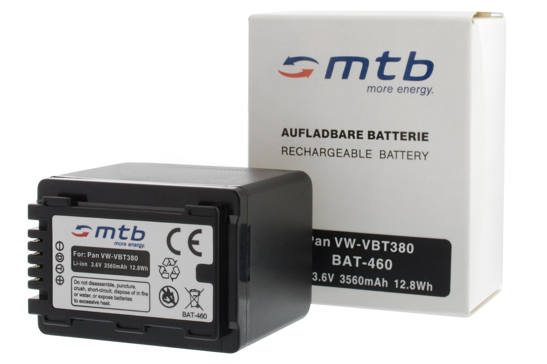 2 Batterie VW-VBT380 per Panasonic HC-V230, V250, V270.. / VFX979 ... v. lista! [3.6V - 3560mAh - Infochip (con indicazione del tempo rimanente di ripresa!)