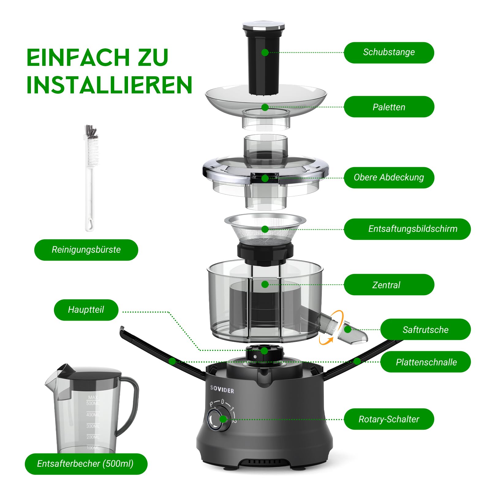 Entsafter, 600W Juicer Machine für Obst und Gemüse in Edelstahl, 76mm Zufuhröffnung, 3 Geschwindigkeiten, Anti-Tropf-Funktion und Überhitzungsschutz Leicht zu bedienen und zu reinigen,BPA-frei
