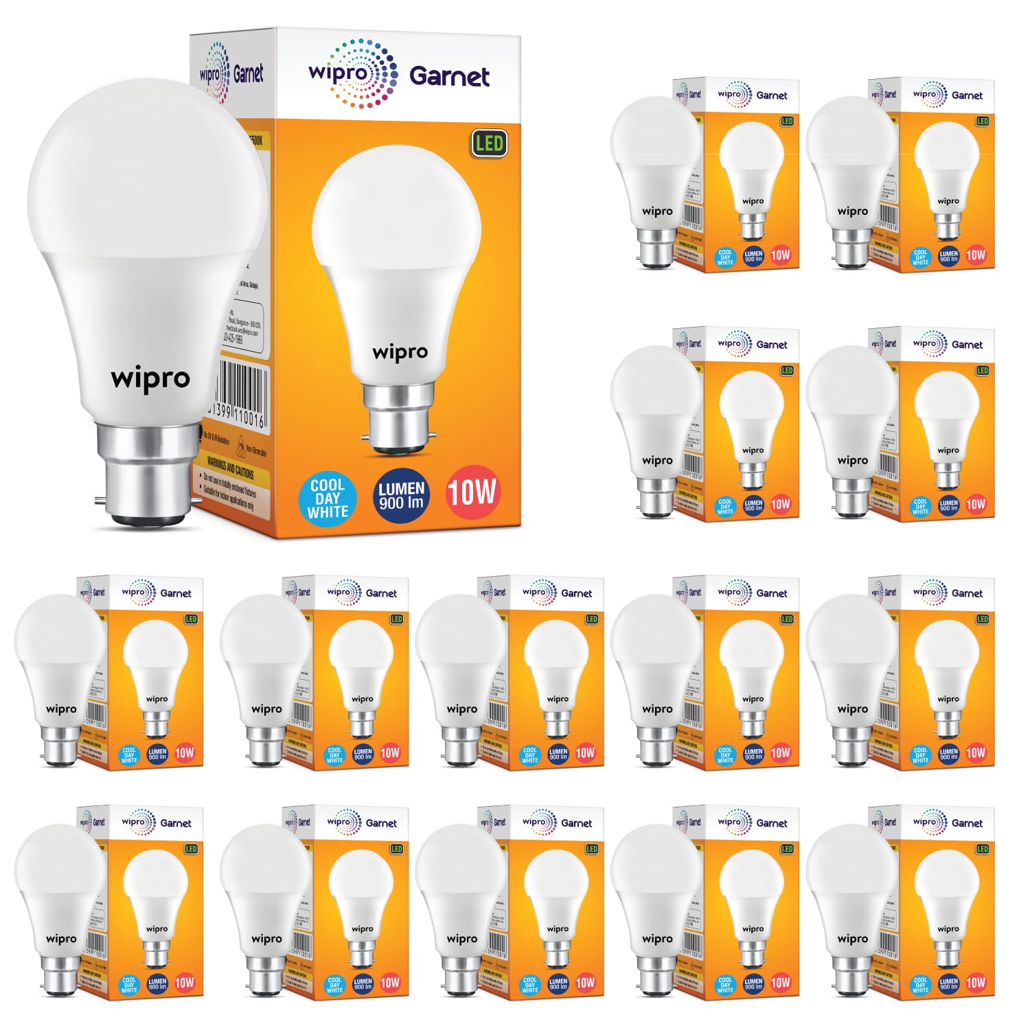 wipro Garnet 10W LED Bulb for Home & Office |Cool Day White (6500K) | B22 Base|220 Degree Light Coverage |4Kv Surge Protection |400V High Voltage Protection |Energy Efficient | Pack of 15