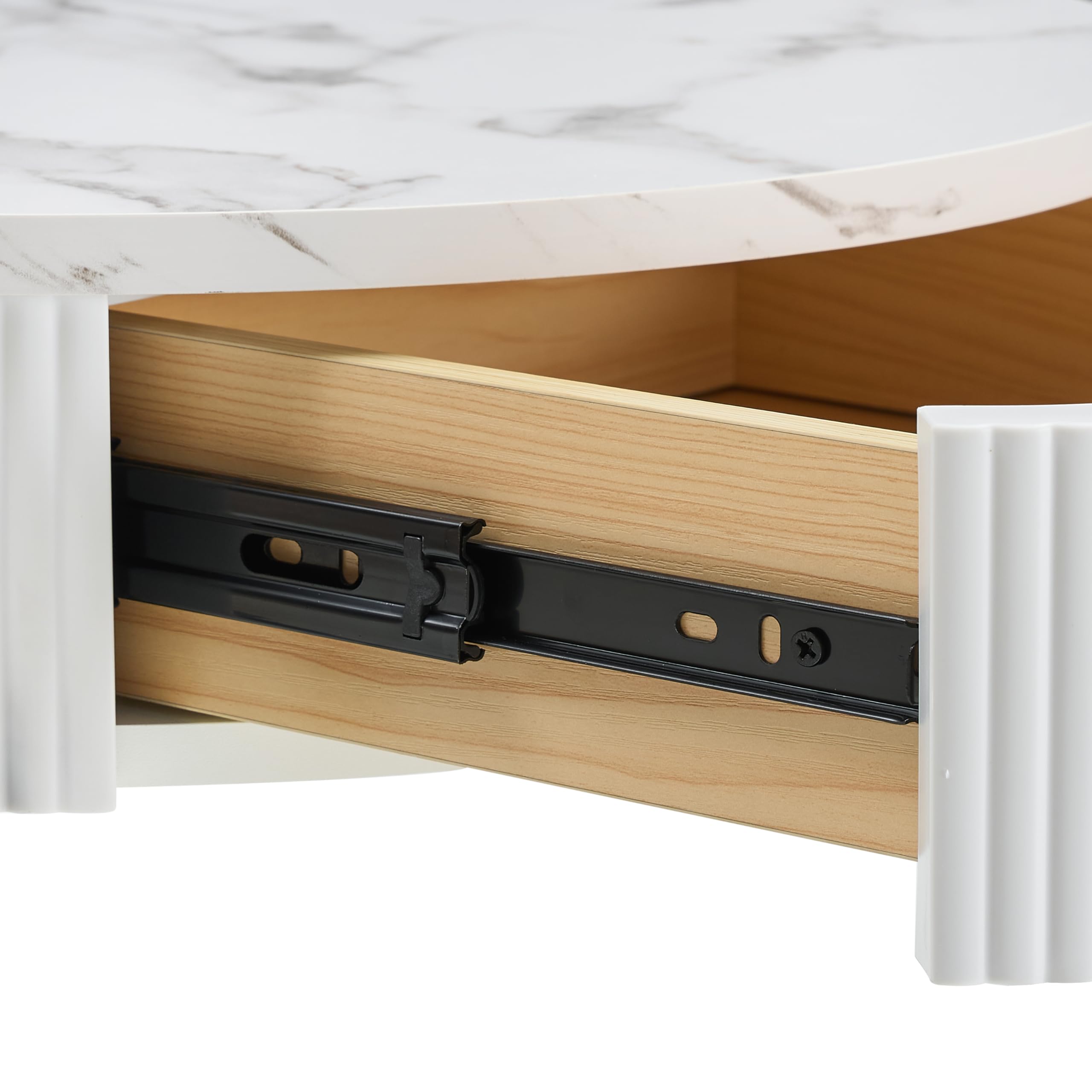 Tavolo Rotondo con cassetto, Tavolino Salotto Moderno con cornice nere, Tavolo Soggiorno con effetto marmo, set di 2 pezzi da Tavolino Rotondo