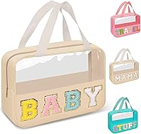 Vista 20 de izuzta Bolsas de maquillaje transparentes con letras de chenilla tipo tote, bolsa de maquillaje preppy con asa, Moda