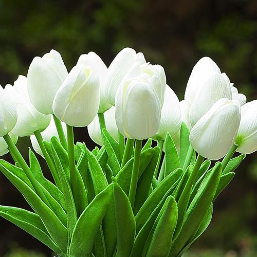 Miniatura 3 de ENOVA HOME 20 arreglos florales de tulipanes artificiales de tacto real en jarrón de vidrio con agua sintética para decoración del hogar (blanco)