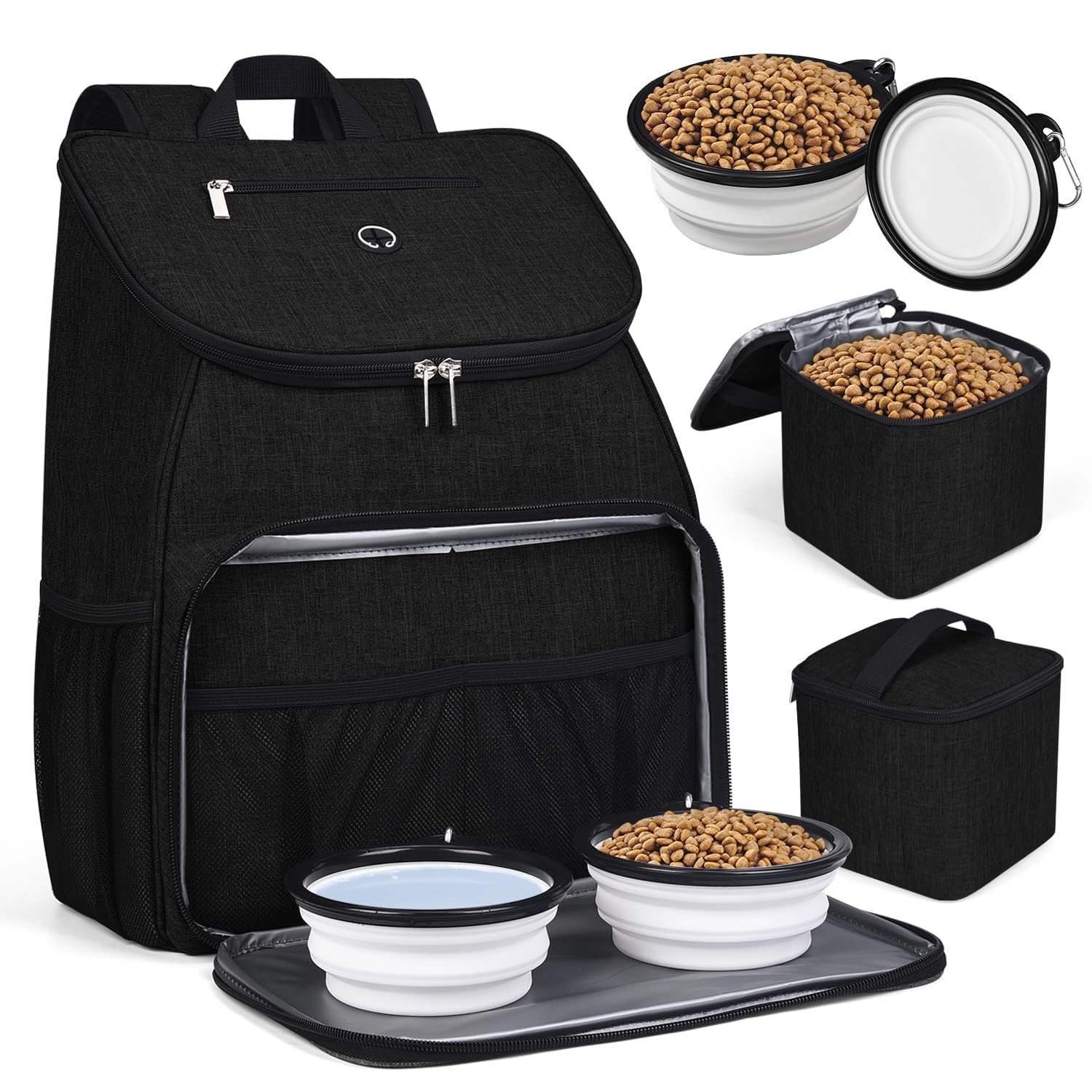 BAGLHER丨Dog Travel Bag, Airline Approved Pet Supplies Backpack, Dog Travel Backpack Accessories Set with 2 Silicone Collapsible Bowls and 2 Food