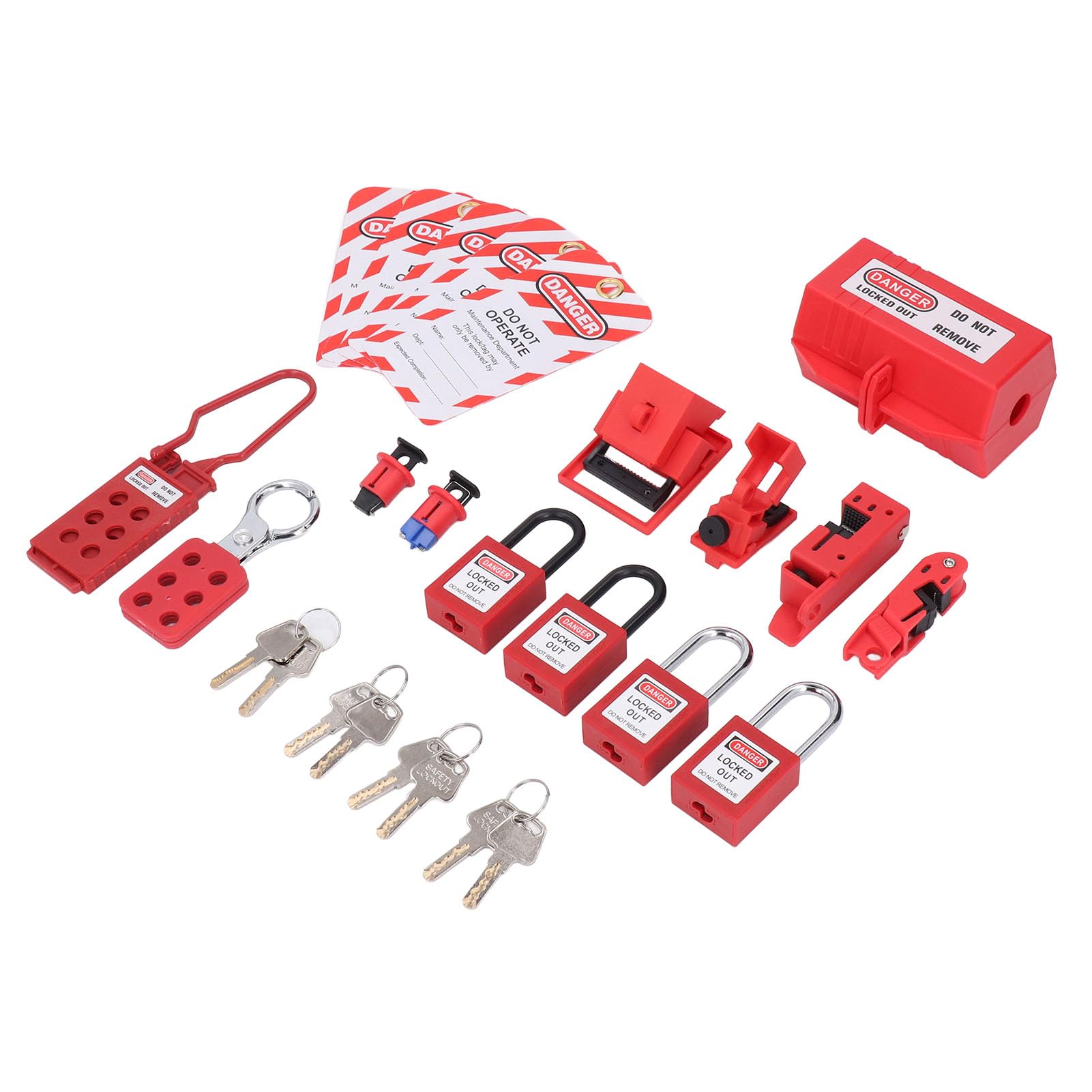 Kit de Verrouillage électrique, Pince sur Disjoncteur Multipolaire, 4 Serrures Loto (2 Clés par serrure), Serrures à Prise, 2 Moraillons, 5 étiquettes de Verrouillage, Serrures