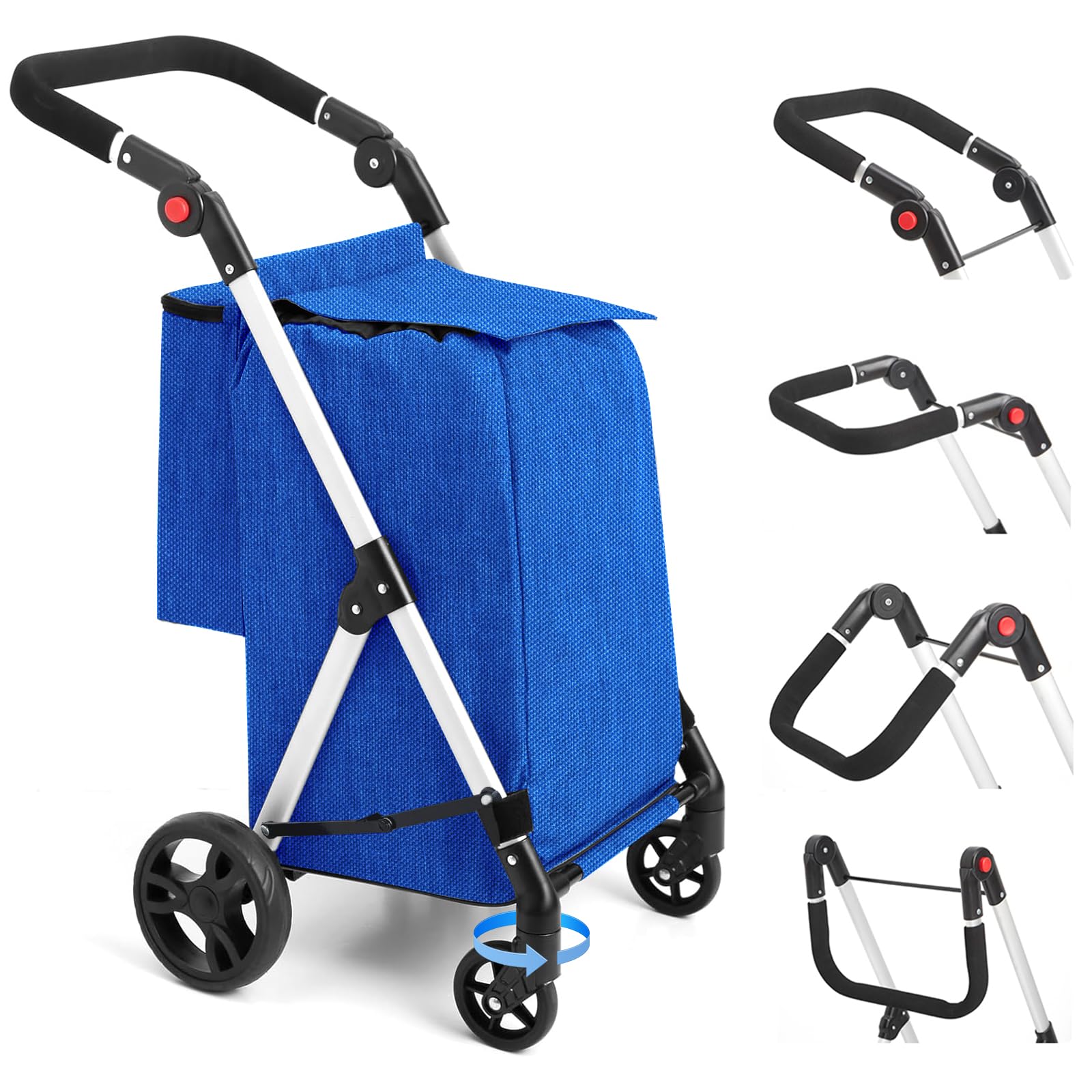 Carrello della Spesa, 8L e Tasca Posteriore, con 4 Ruote, e una grande Capacità di 25 kg Carrello Portaspesa, 46L Trolley Spesa on Wheels (Azzurro)