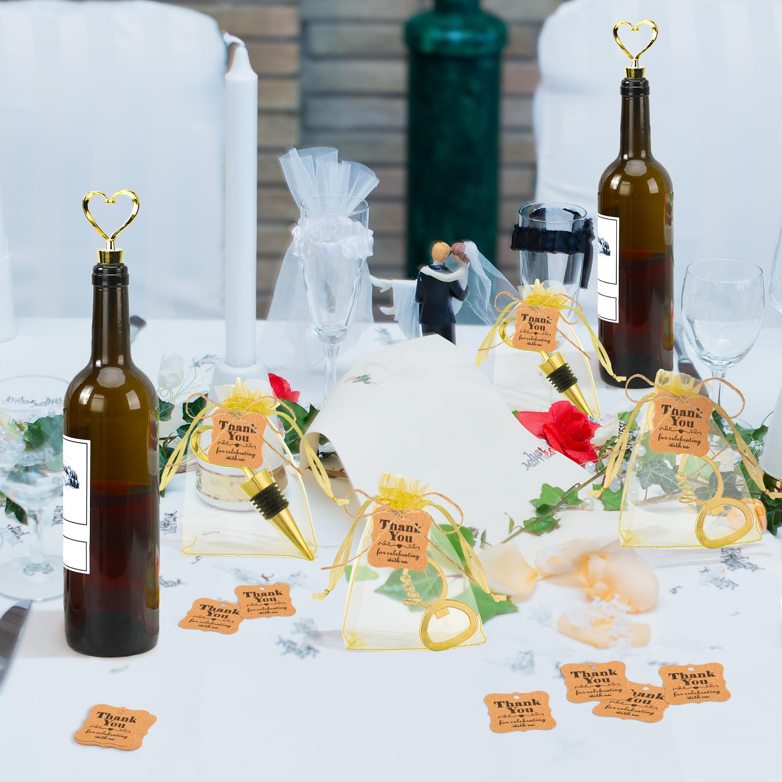 Tanlade 60 Stück Hochzeits-Partygeschenke für Gäste, Weinstopfen und Öffner, Liebes-Set, Love Forever, Brautparty, Gastgeschenke mit 100 Etiketten, 60 Netzbeutel für Hochzeit, Party, Souvenir,