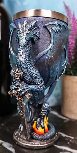 Miniatura 9 de Ebros - Dragón alado de fuego divino azul celestial con espada Excalibur, copa de cáliz de vino, capacidad de 7 onzas, resina con forro de acero