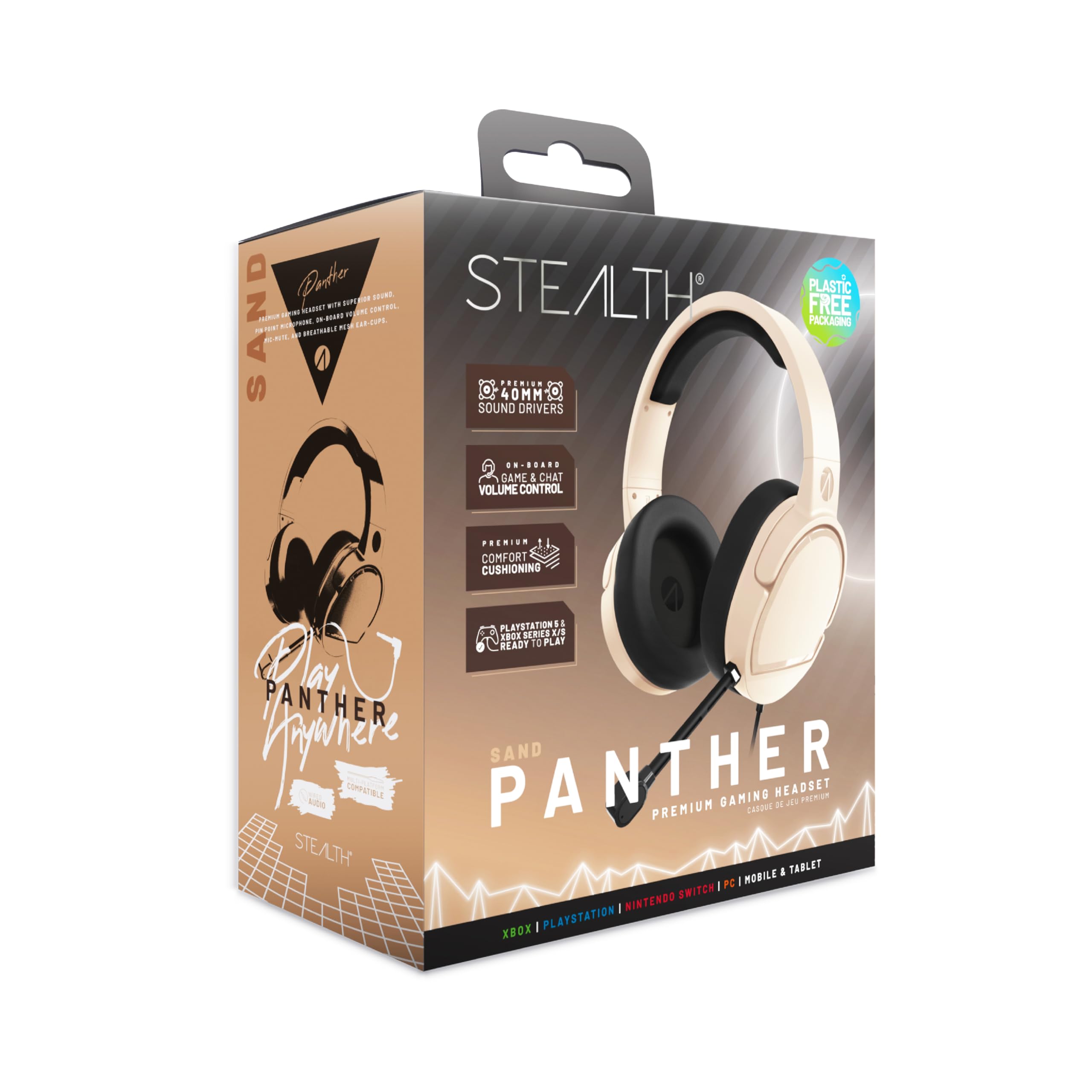 Stealth Panther Sand - Auriculares de Juego Supra-Ear PS4/PS5, Xbox, Switch, PC con micrófono Flexible, Conector Jack de 3,5 mm, Cable de 1,5 m, Ligero, cómodo y Duradero