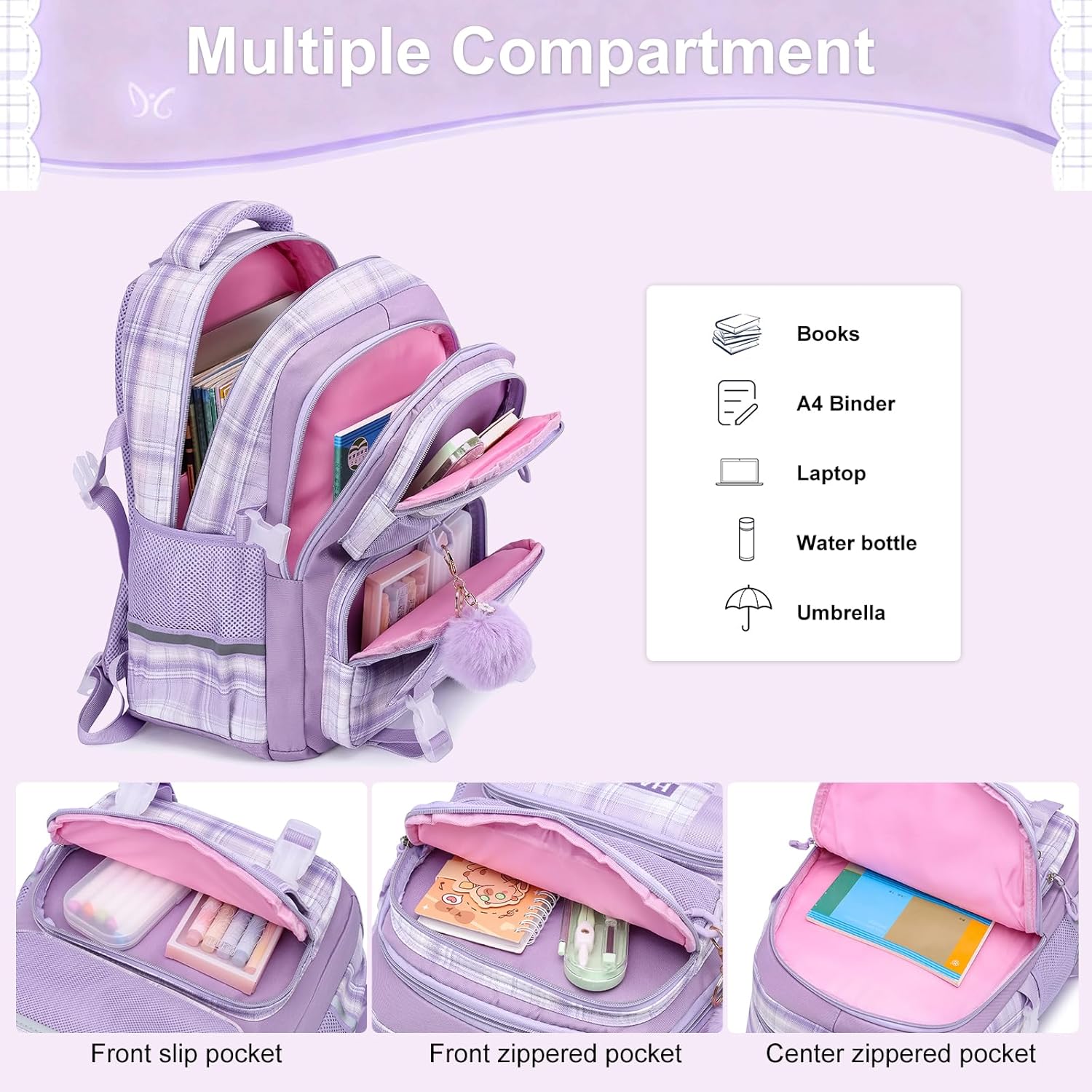WYCY Girls Backpack - Cute School Bag, Lightweight Travel Daypack, Mochilas Escolares Para Niñas, Purple