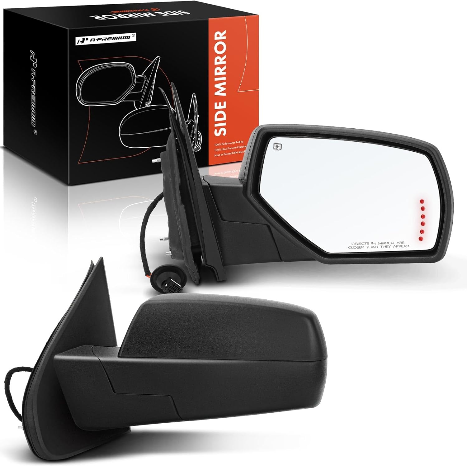 A-Premium Passenger & Driver Mirrors Compatible with Chevrolet & GMC Models - Silverado Sierra 1500 LD 2500 HD 3500 HD - Manual Folding Heated Black - with Power Glass Arrow Puddle Light - Pair Set