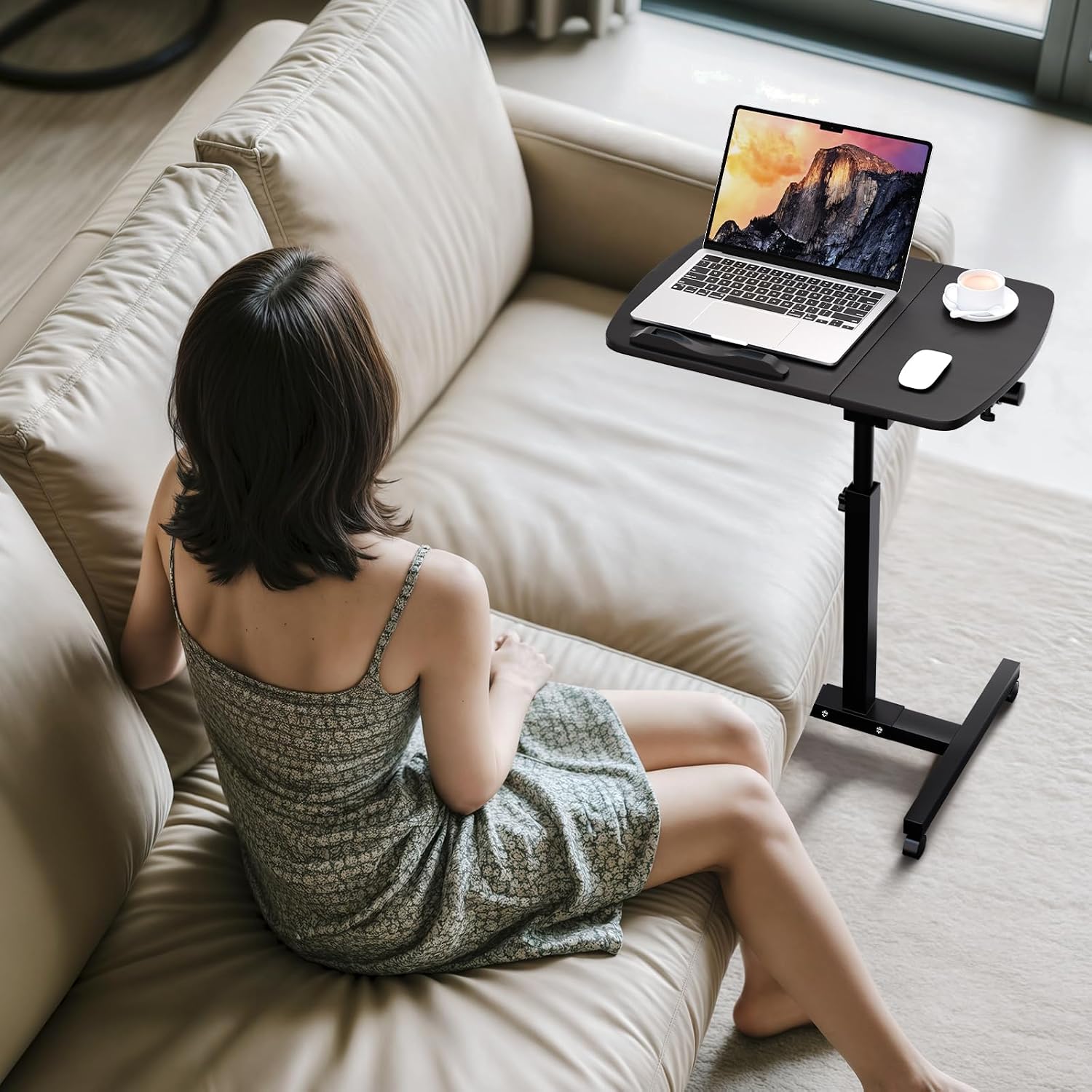 Magshion Tilting Overbed Bedside Table with Wheels, Rolling Laptop Desk with Mouse Table & Height Adjustment from 24" to 36", Sit to Stand Up, Mobile Standing Desk for Hospital Home Office, Black